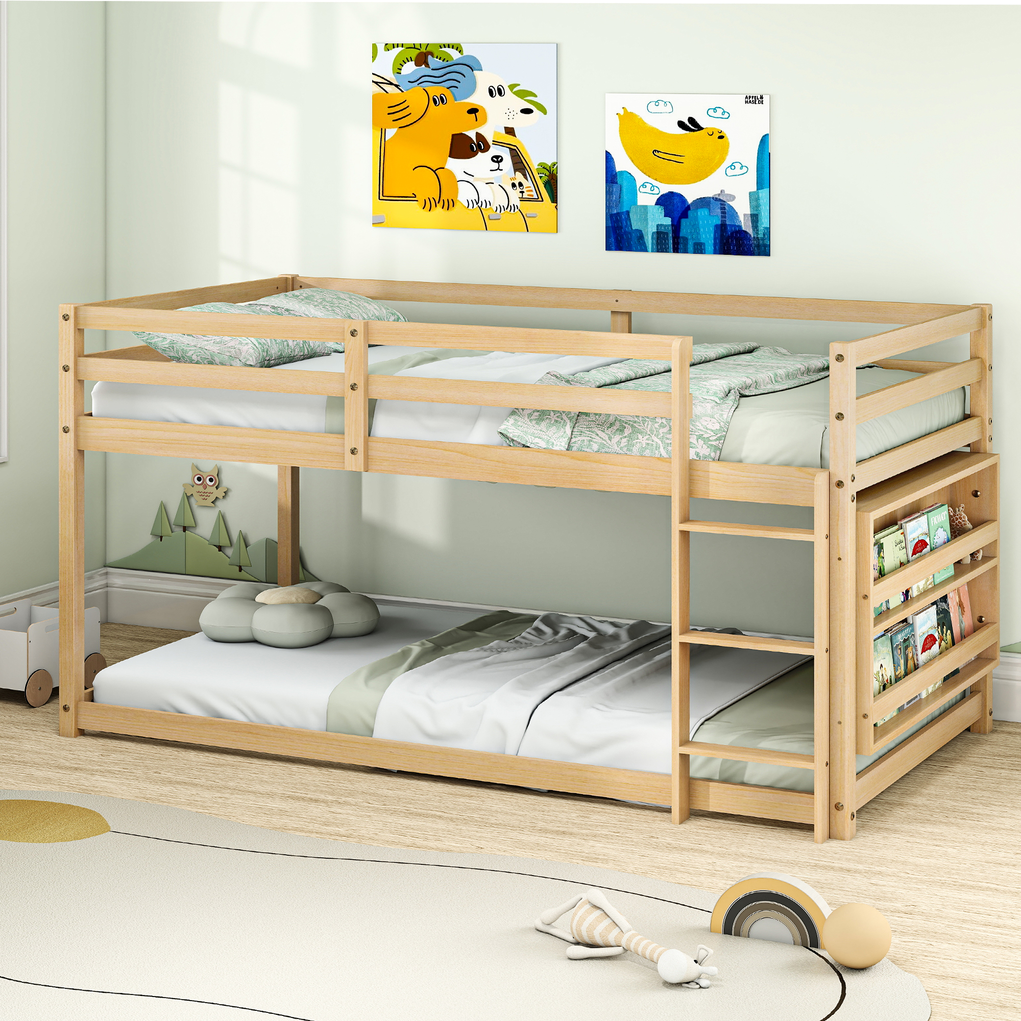Joywind Wood Twin-over-Twin Standard Bunk Beds with Bookcase and Guardrails White