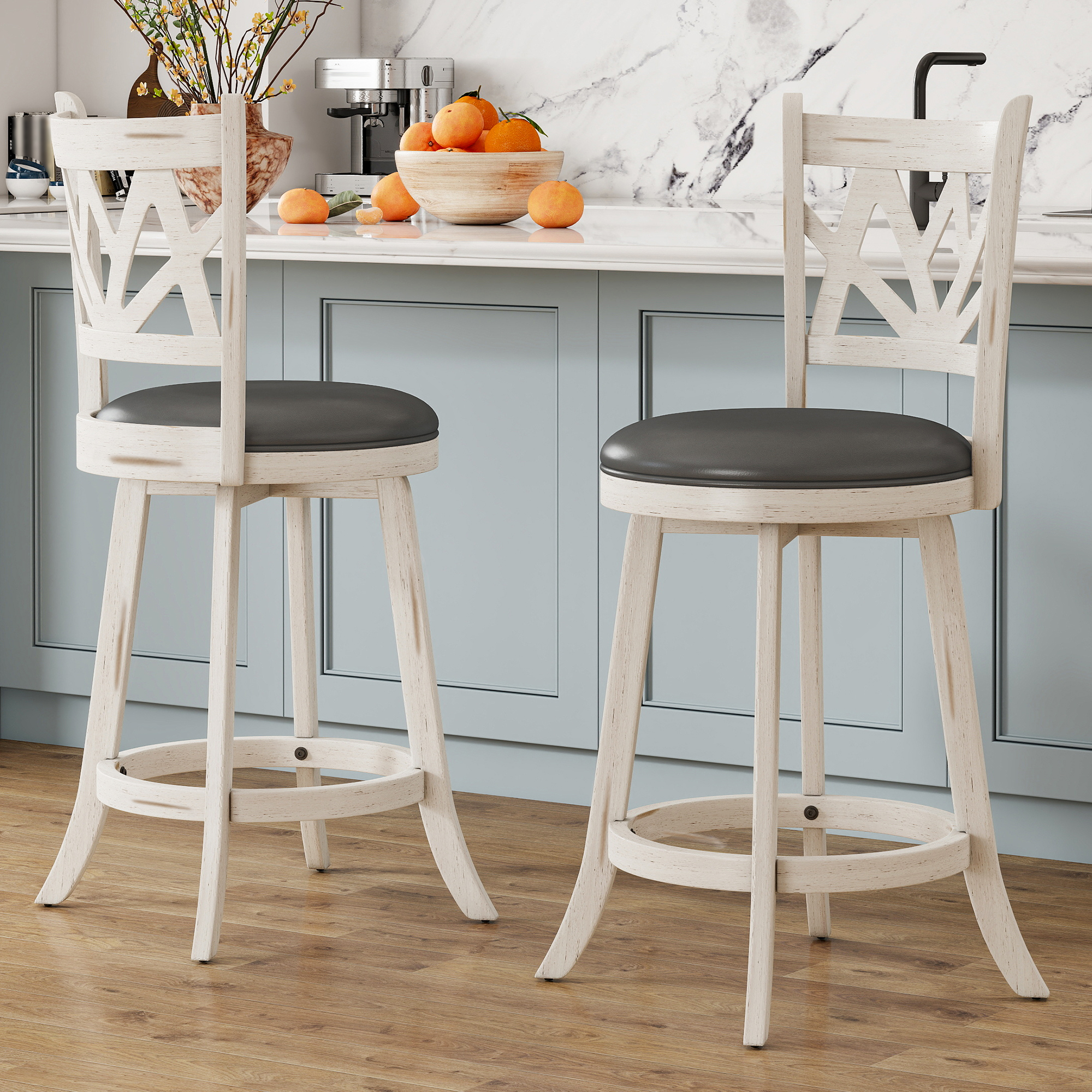 Joywind Farmhouse Swivel Bar Stools Set of 2, 24" Carved Lotus Barstools, Faux Leather Upholstered Counter Chairs with Solid Footrest & Wood Legs