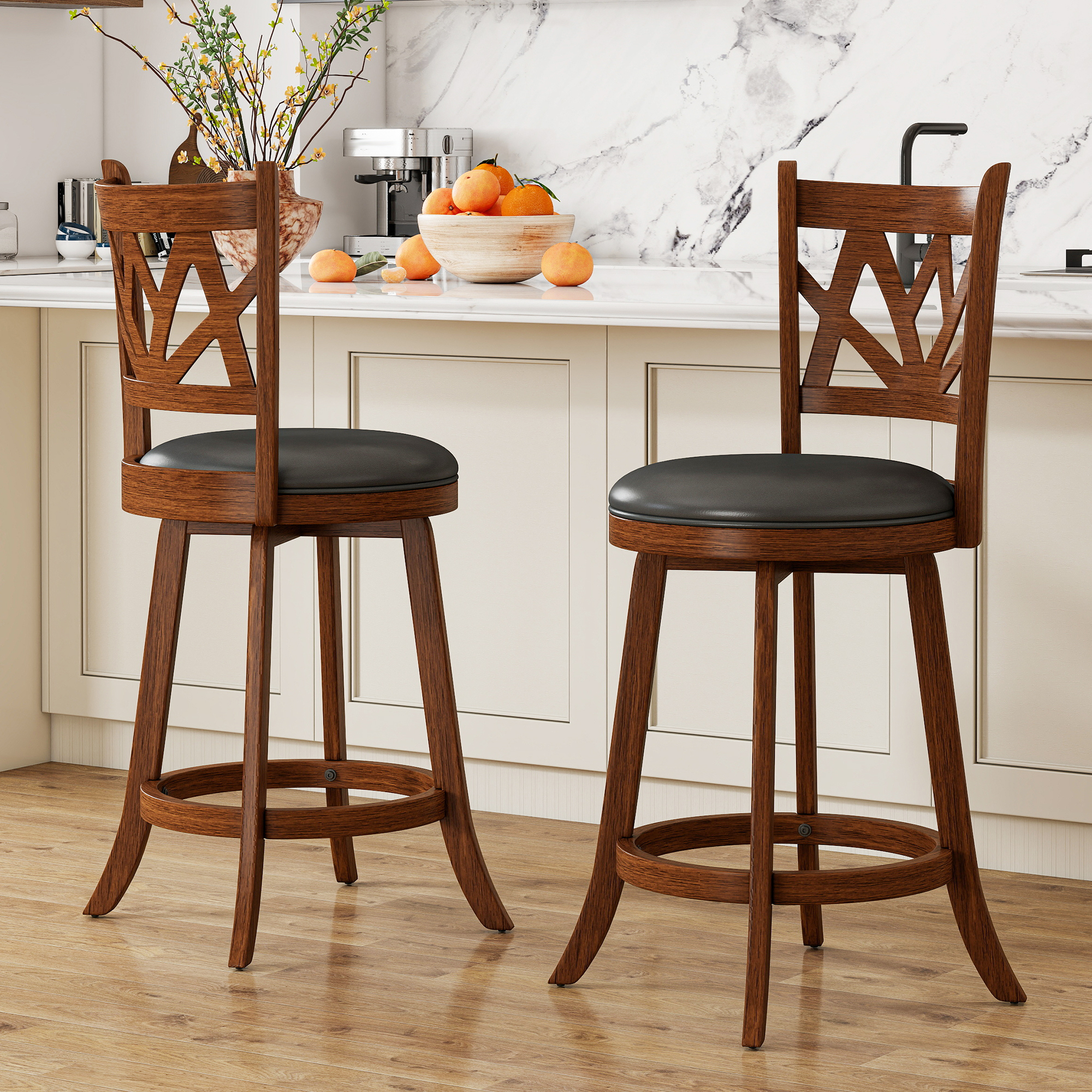 Joywind Farmhouse Swivel Bar Stools Set of 2, 24" Carved Lotus Barstools, Faux Leather Upholstered Counter Chairs with Solid Footrest & Wood Legs