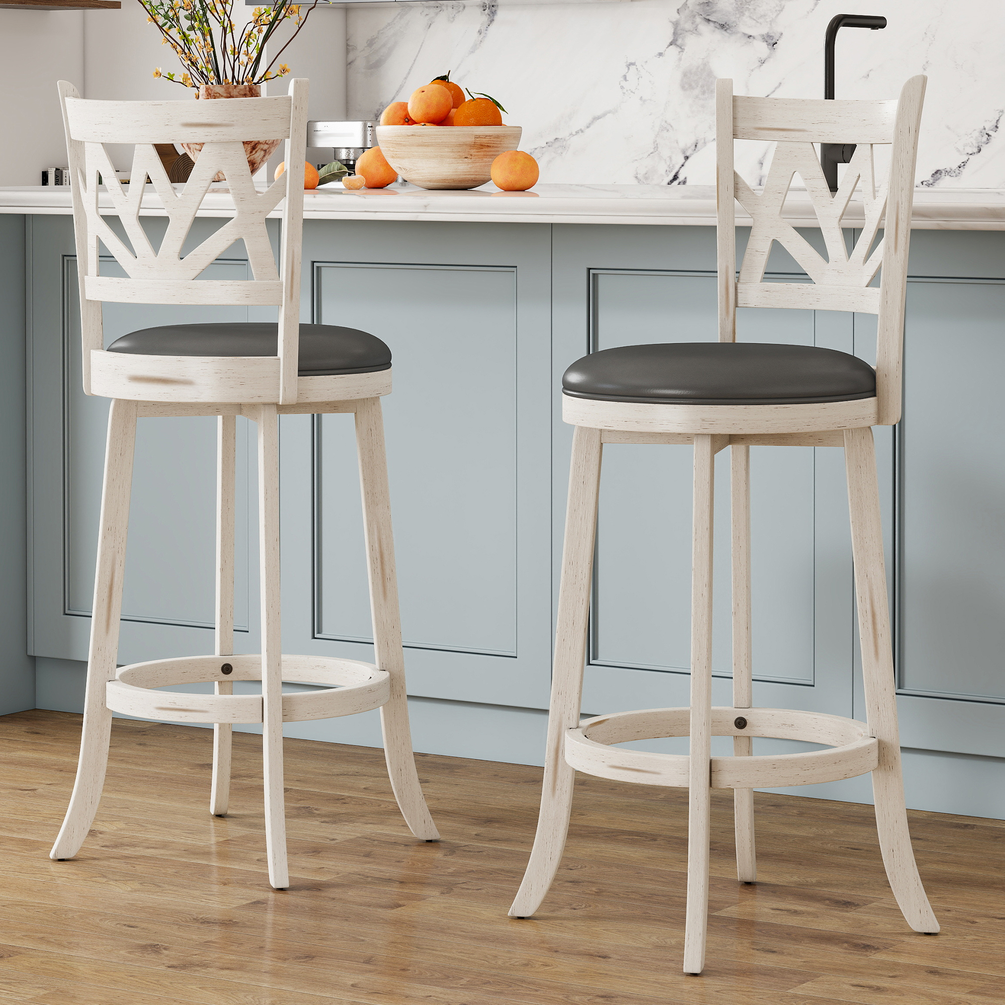 Joywind Farmhouse Swivel Bar Stools Set of 2, 30" Carved Lotus Barstools, Faux Leather Upholstered Bar Chairs with Solid Footrest & Wood Legs