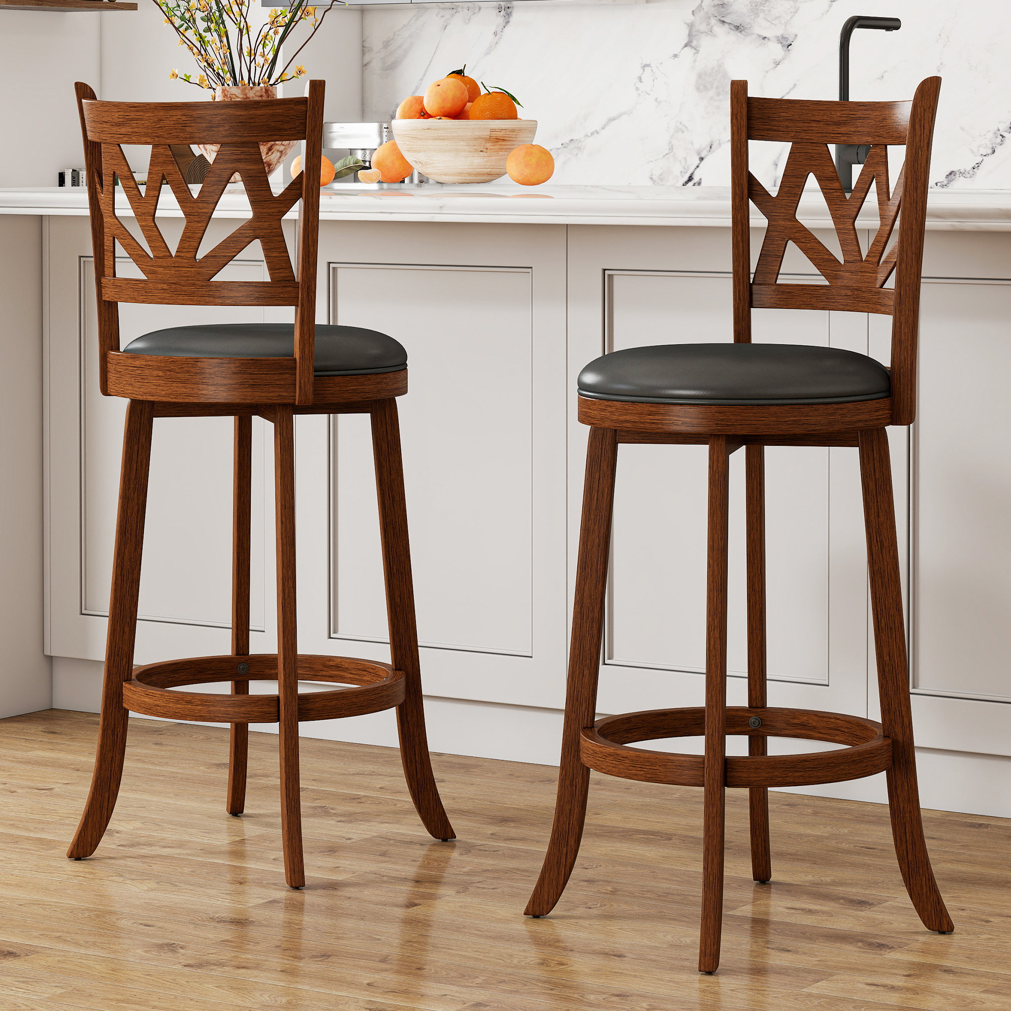 Joywind Farmhouse Swivel Bar Stools Set of 2, 30" Carved Lotus Barstools, Faux Leather Upholstered Bar Chairs with Solid Footrest & Wood Legs