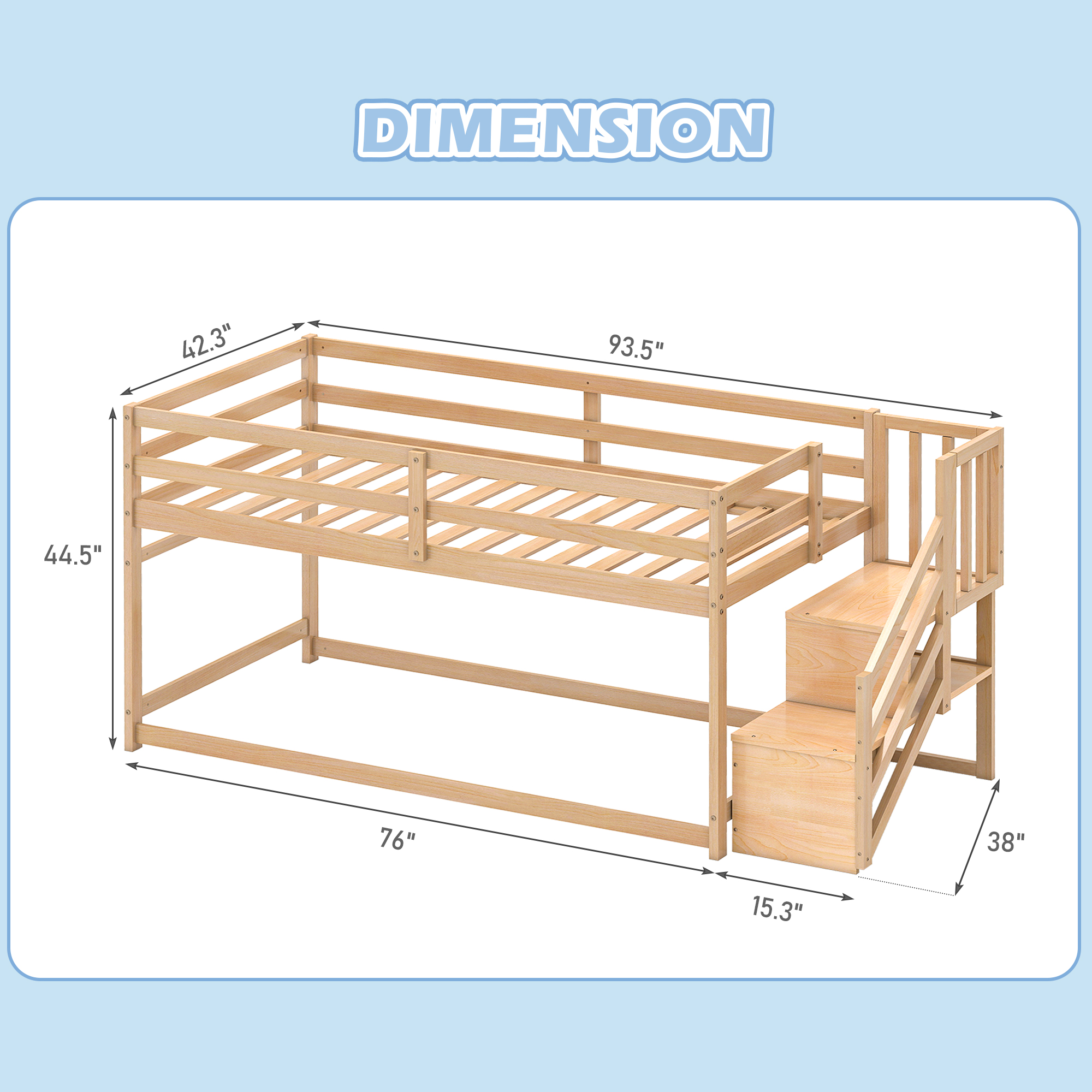 Joywind Solid Wood Low Bunk Bed Twin Over Twin with Storage Staircase, Safety Guardrails & Hanging Bar - Floor Bunk Beds for Kids, Boys, Girls, Juniors