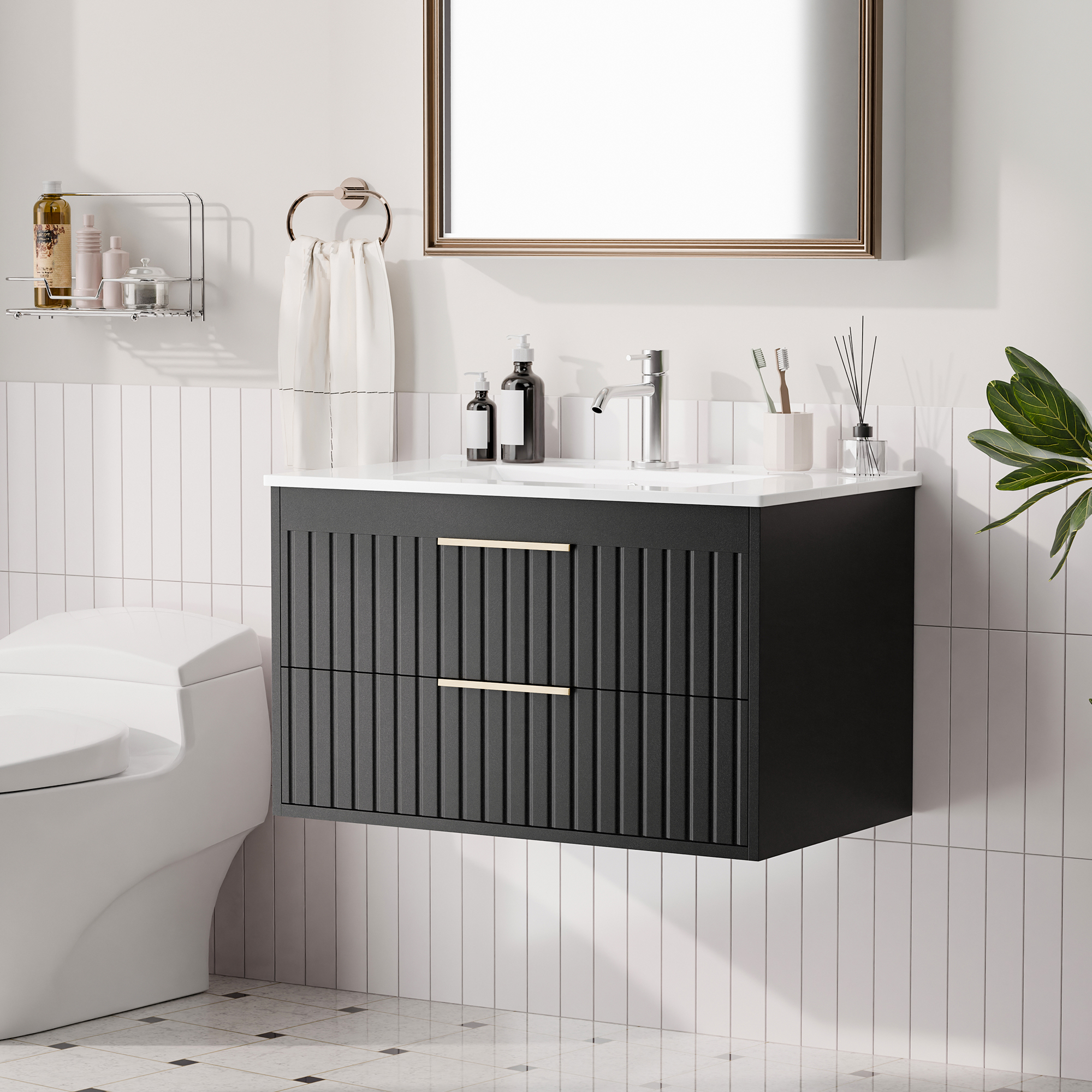 Joywind 30" Black Floating Bathroom Vanity with Sink Combo – Modern Wall-Mounted Vanity with 2 Large Drawers & Metal Handles for Maximum Storage