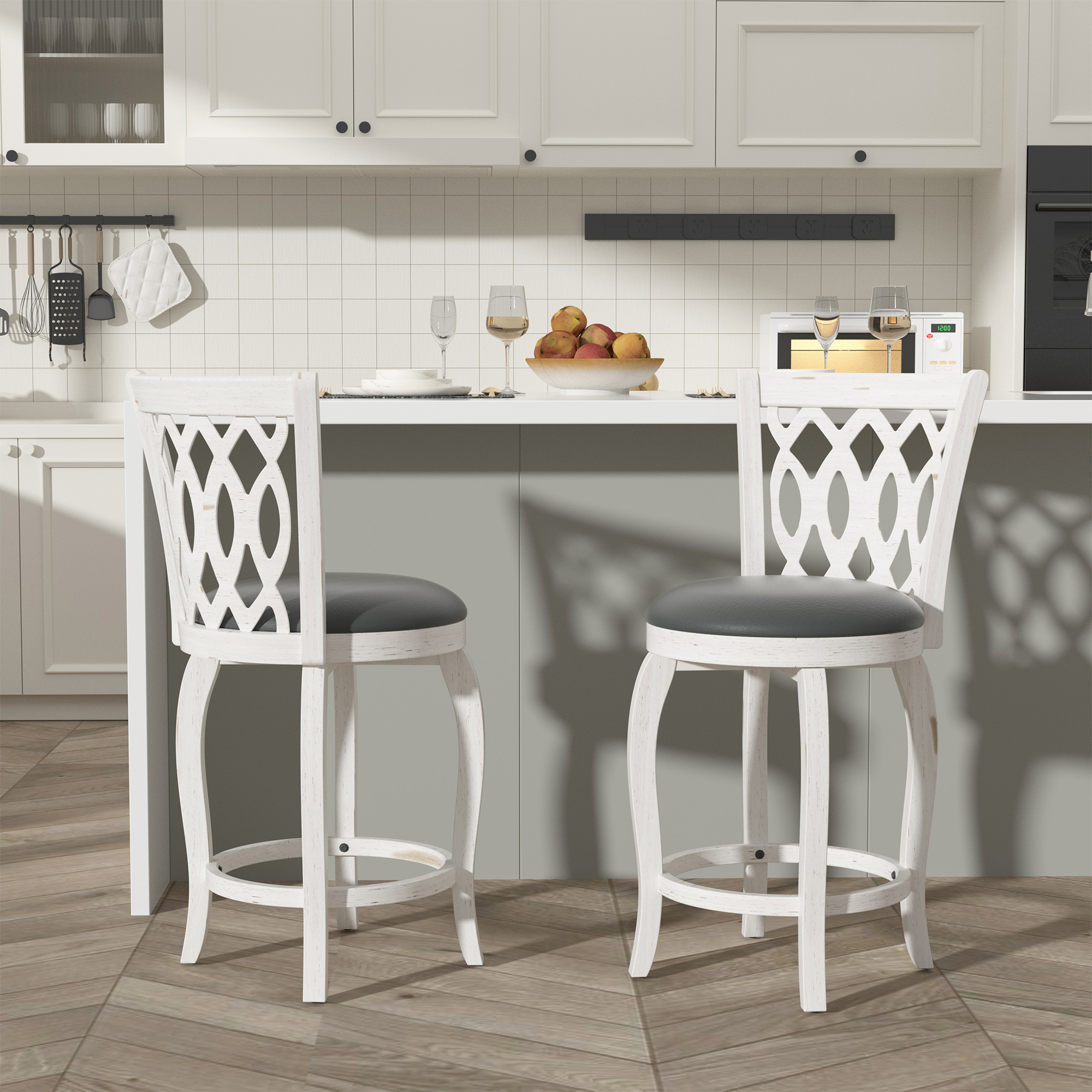 Joywind 24" Counter Height Swivel Bar Stools with High Back, Upholstered Seat & Solid Wood Footrest, Set of 2