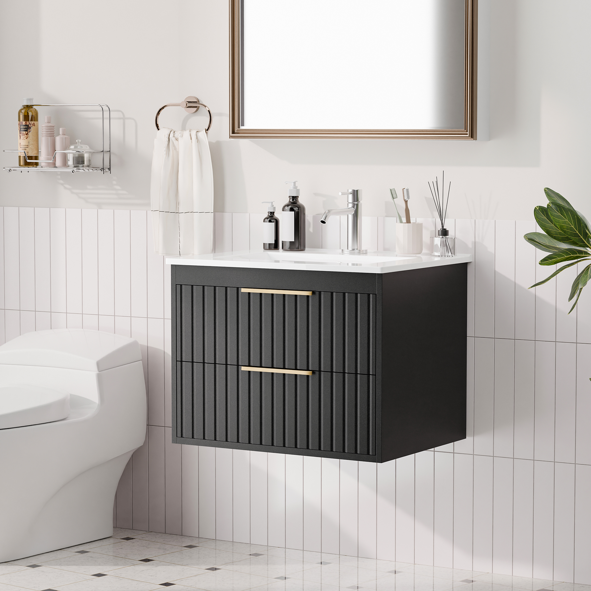 Joywind 24" Black Floating Bathroom Vanity with Sink Combo – Modern Wall-Mounted Vanity with 2 Large Drawers & Metal Handles for Maximum Storage