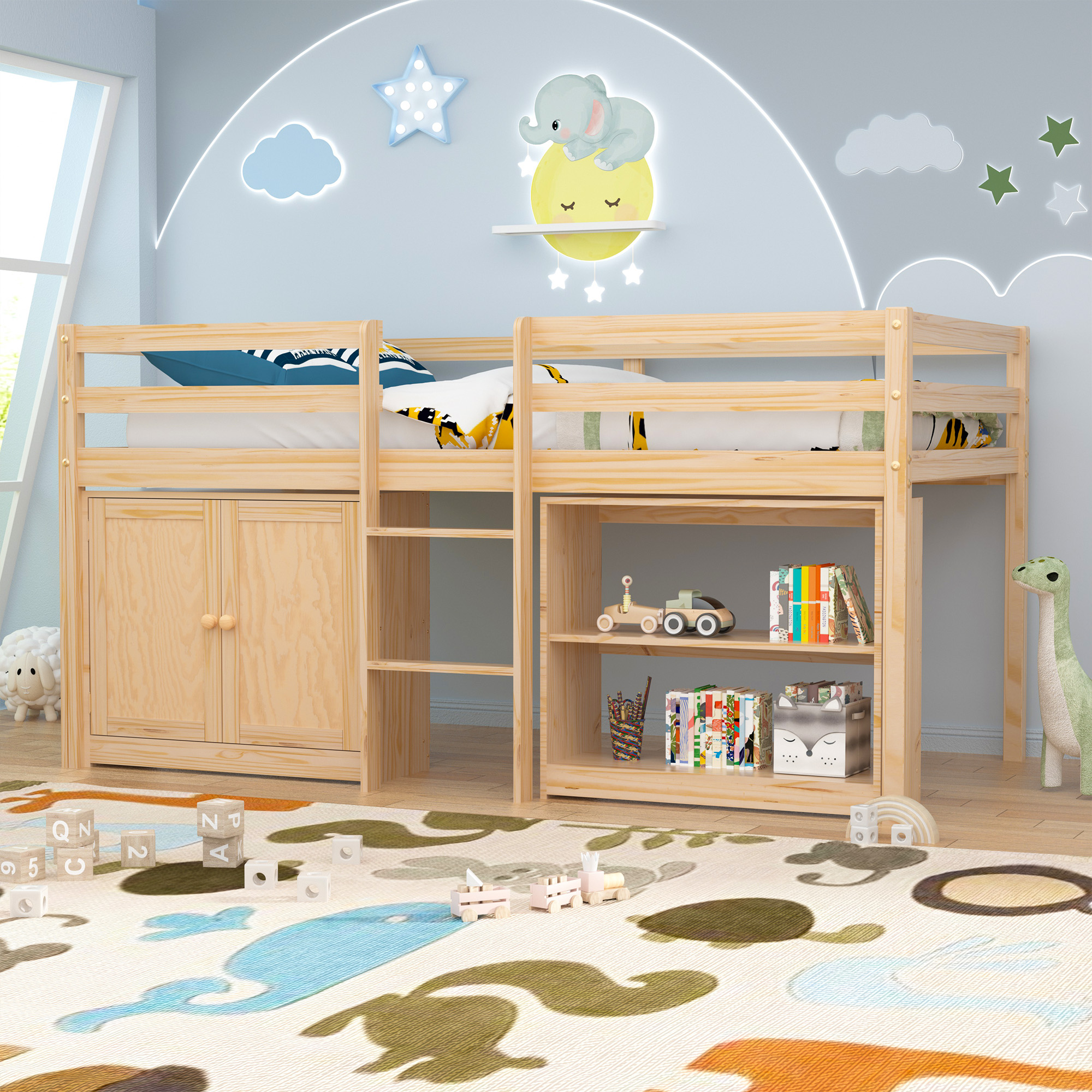 Joywind Twin Loft Bed with LED Lights, Kids Loft Beds with Storage Cabinet and Play Space