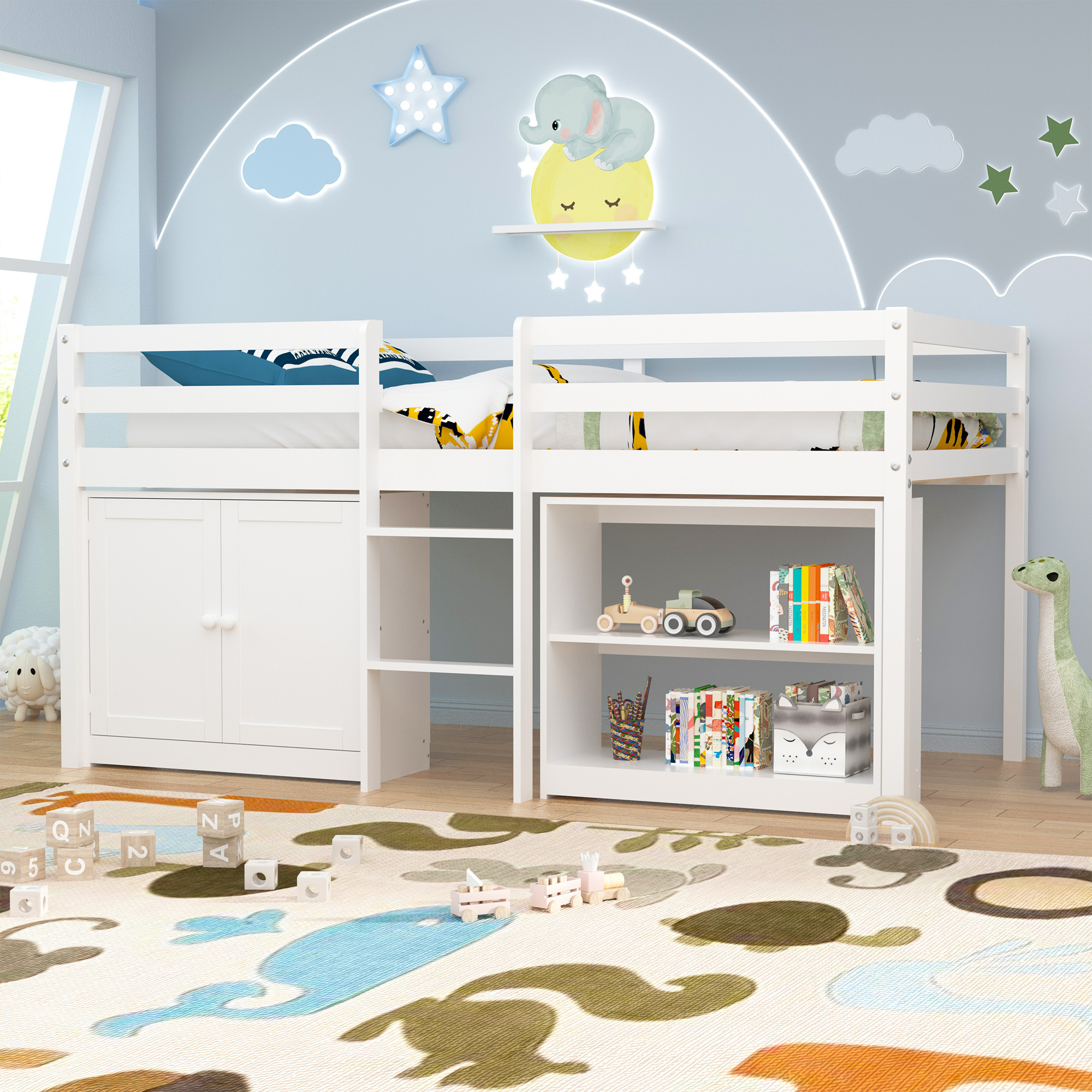 Joywind Twin Loft Bed with LED Lights, Kids Loft Beds with Storage Cabinet and Play Space