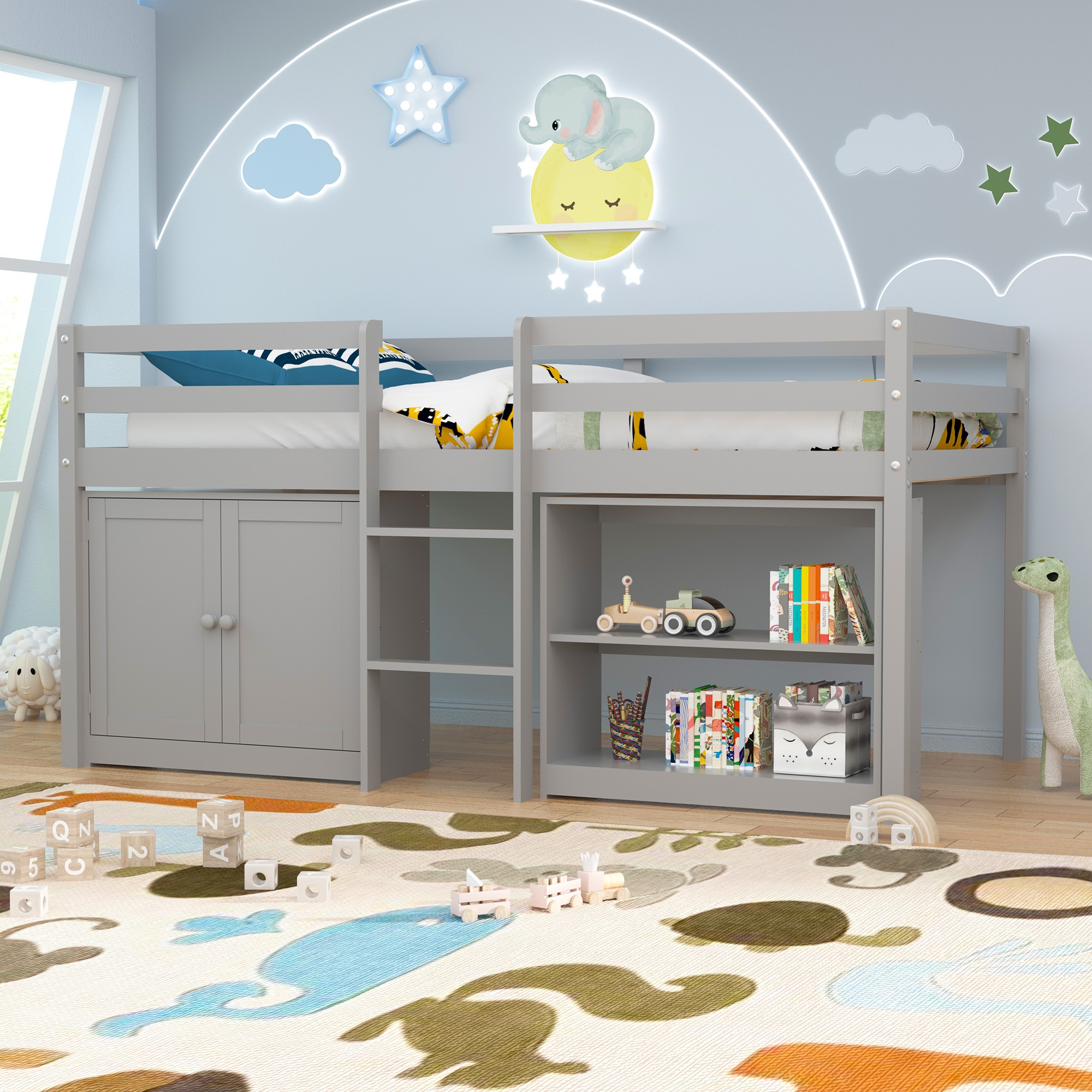 Joywind Twin Loft Bed with LED Lights, Kids Loft Beds with Storage Cabinet and Play Space