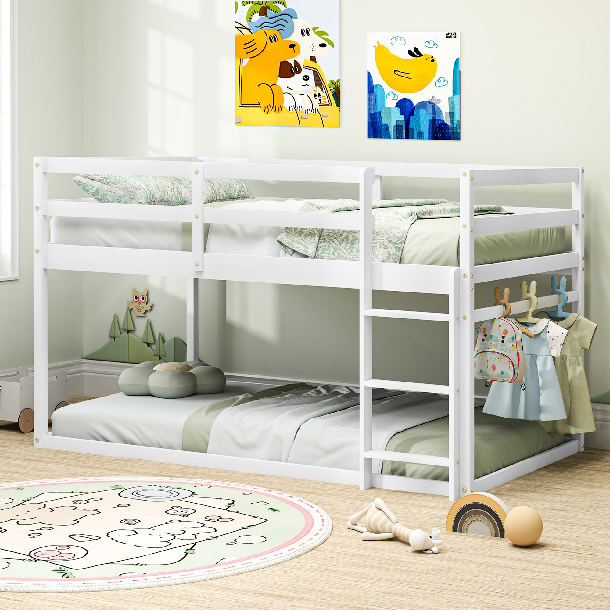 Joywind Wood Twin-over-Twin Bunk Beds with Ladder and Full Guardrails
