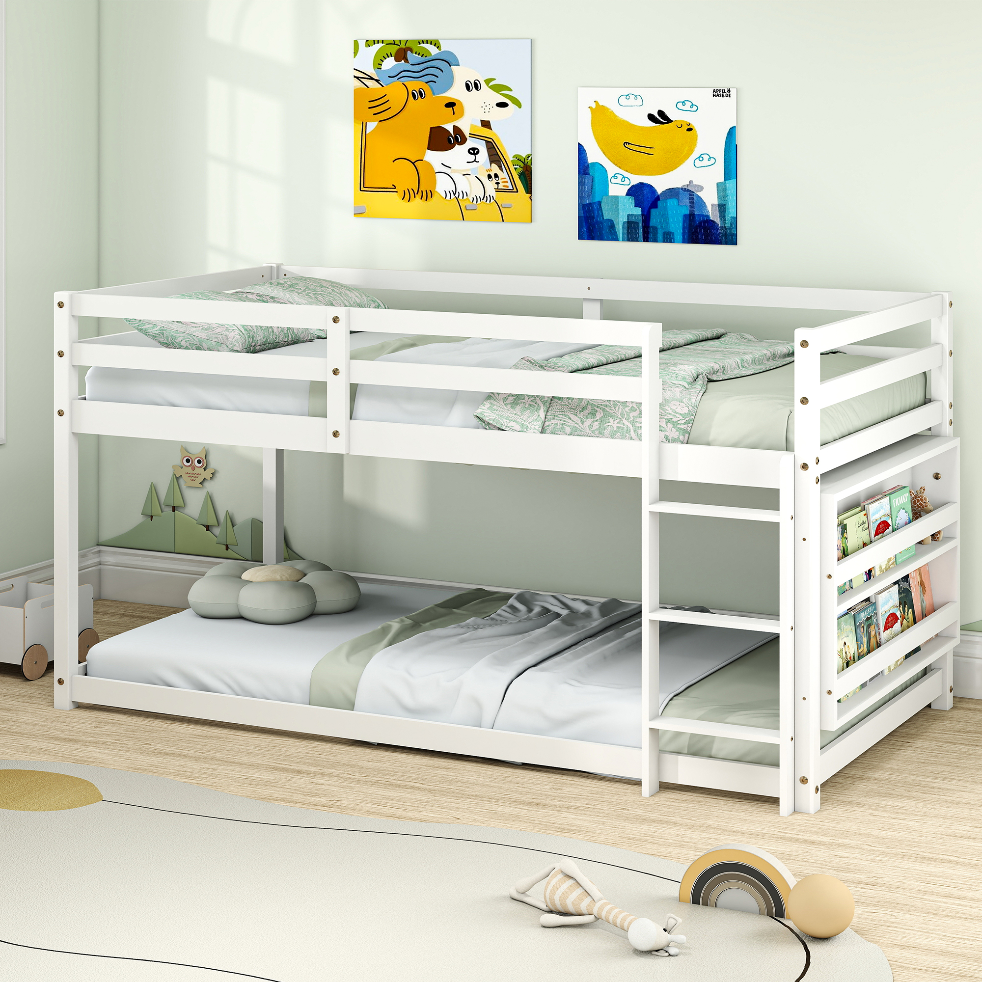Joywind Wood Twin-over-Twin Standard Bunk Beds with Bookcase and Guardrails White