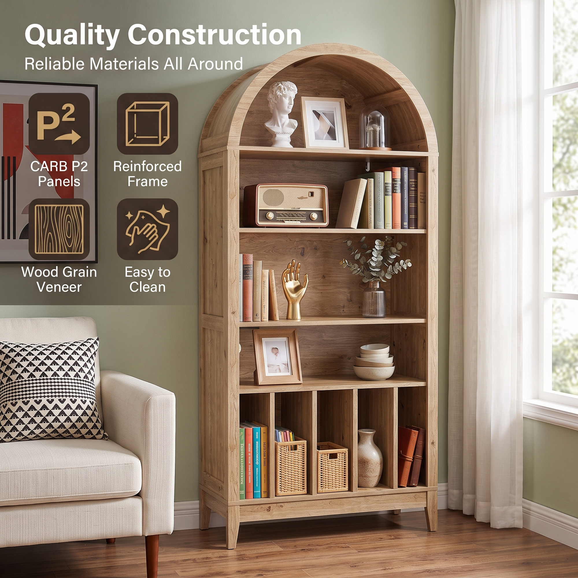Joywind 69" 5-Tier Wood Arched Bookcase with Power Outlets, Modern Farmhouse Bookshelf for Living Room, Natural