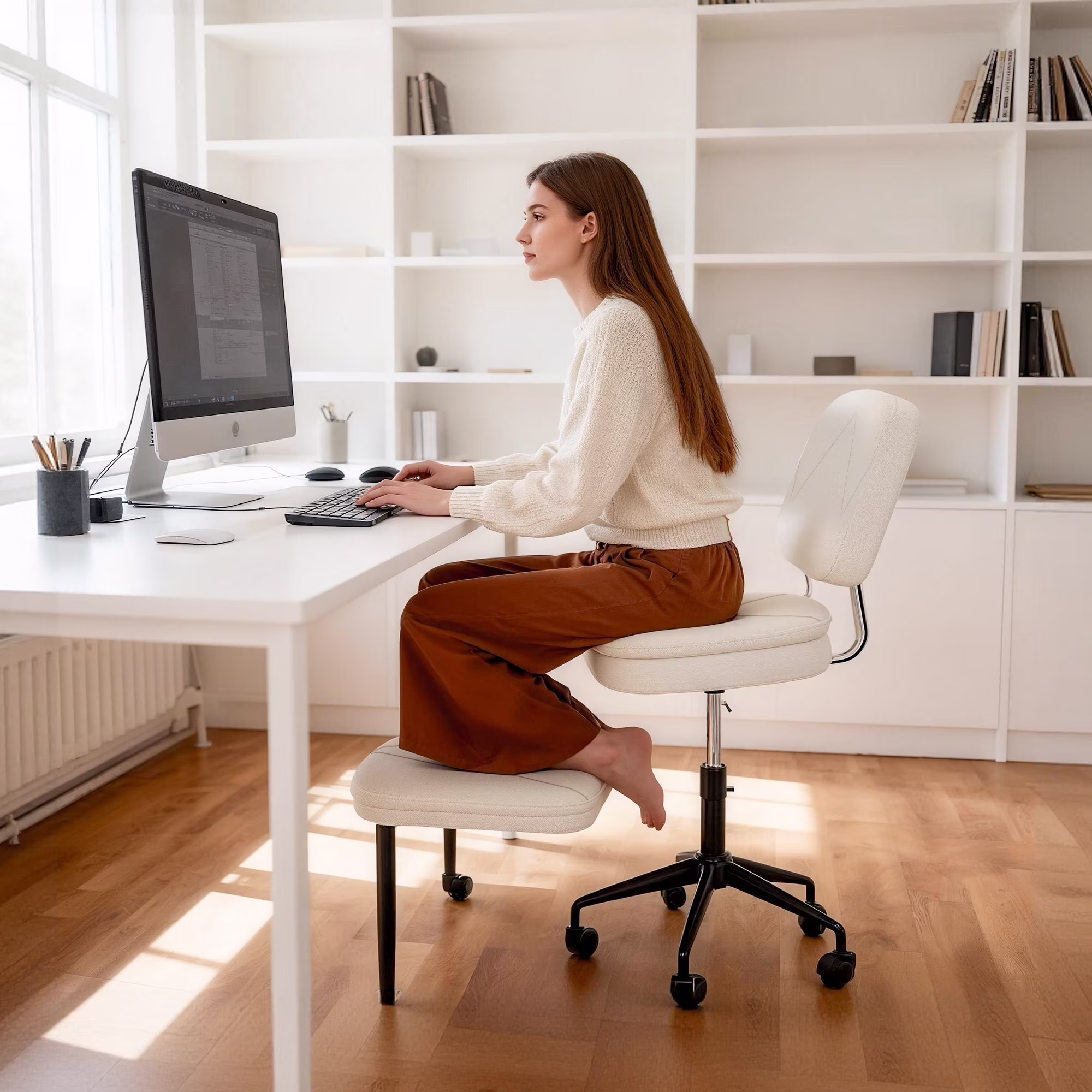 Joywind Ergonomic Cross Legged Swivel Chair, Height Adjustable ADHD & Meditation Chair with Wheels, Wide Kneeling Chair with Back Support & Footrest, Home and Office, White