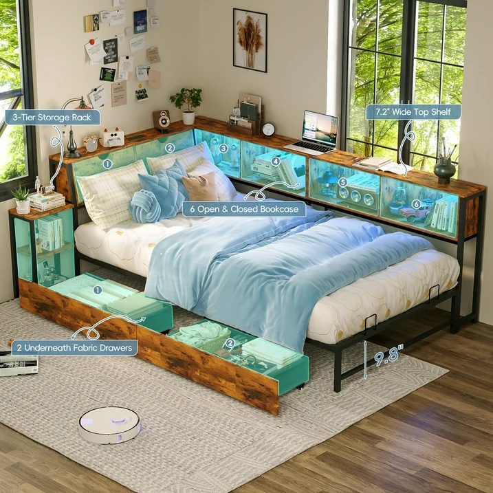 Joywind Corner Twin Bed Frame with Storage Shelves & USB Charging Station, LED Light Metal Platform Daybed with Drawers for Bedroom, Living Room, or Guest Room,