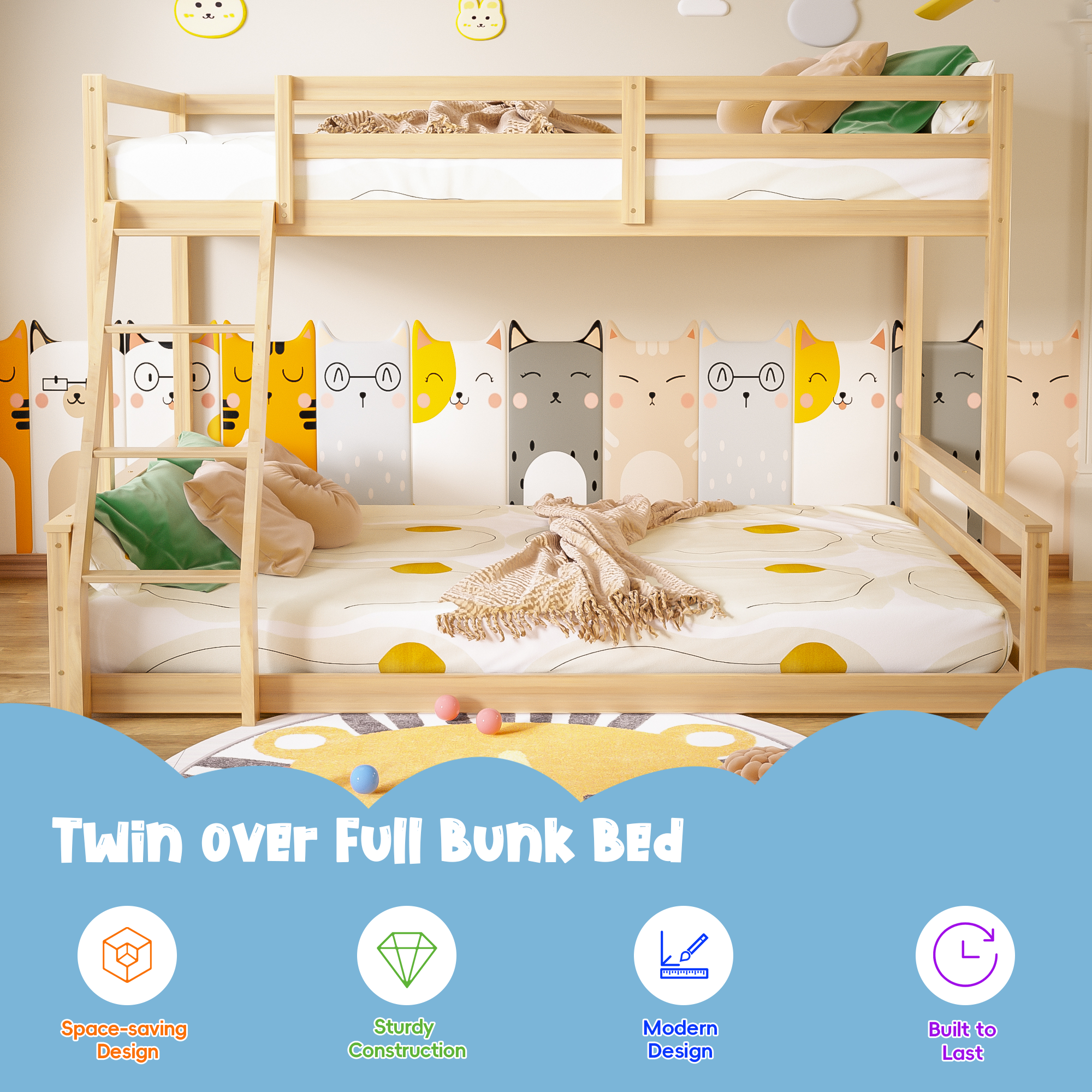 Joywind Solid Wood Twin Over Full Bunk Bed with Ladder & Full Guardrails for Boys, Girls, Kids, Bedroom