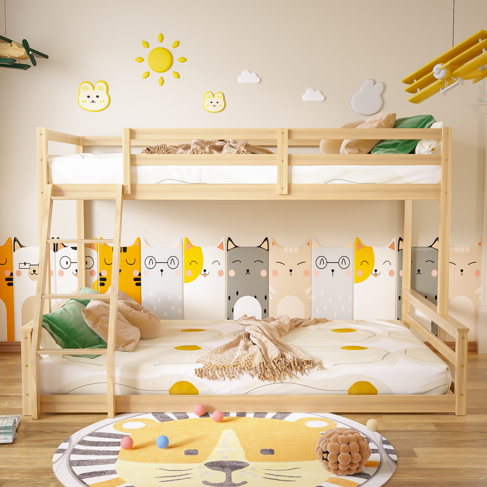 Joywind Solid Wood Twin Over Full Bunk Bed with Ladder & Full Guardrails for Boys, Girls, Kids, Bedroom