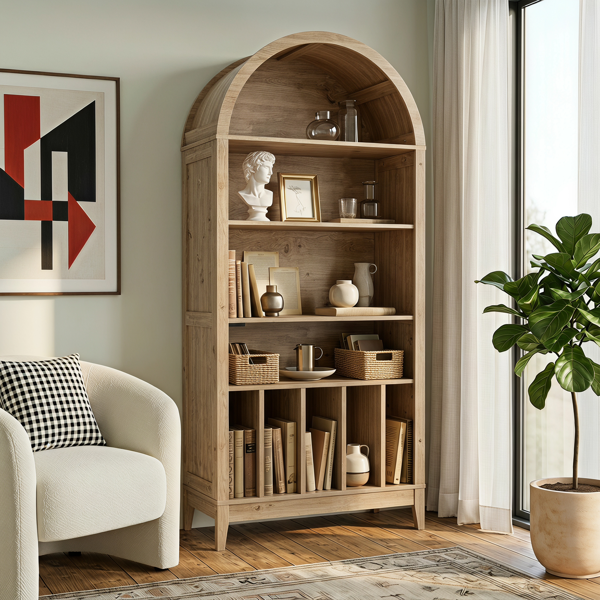 Joywind 69" 5-Tier Wood Arched Bookcase with Power Outlets, Modern Farmhouse Bookshelf for Living Room, Natural