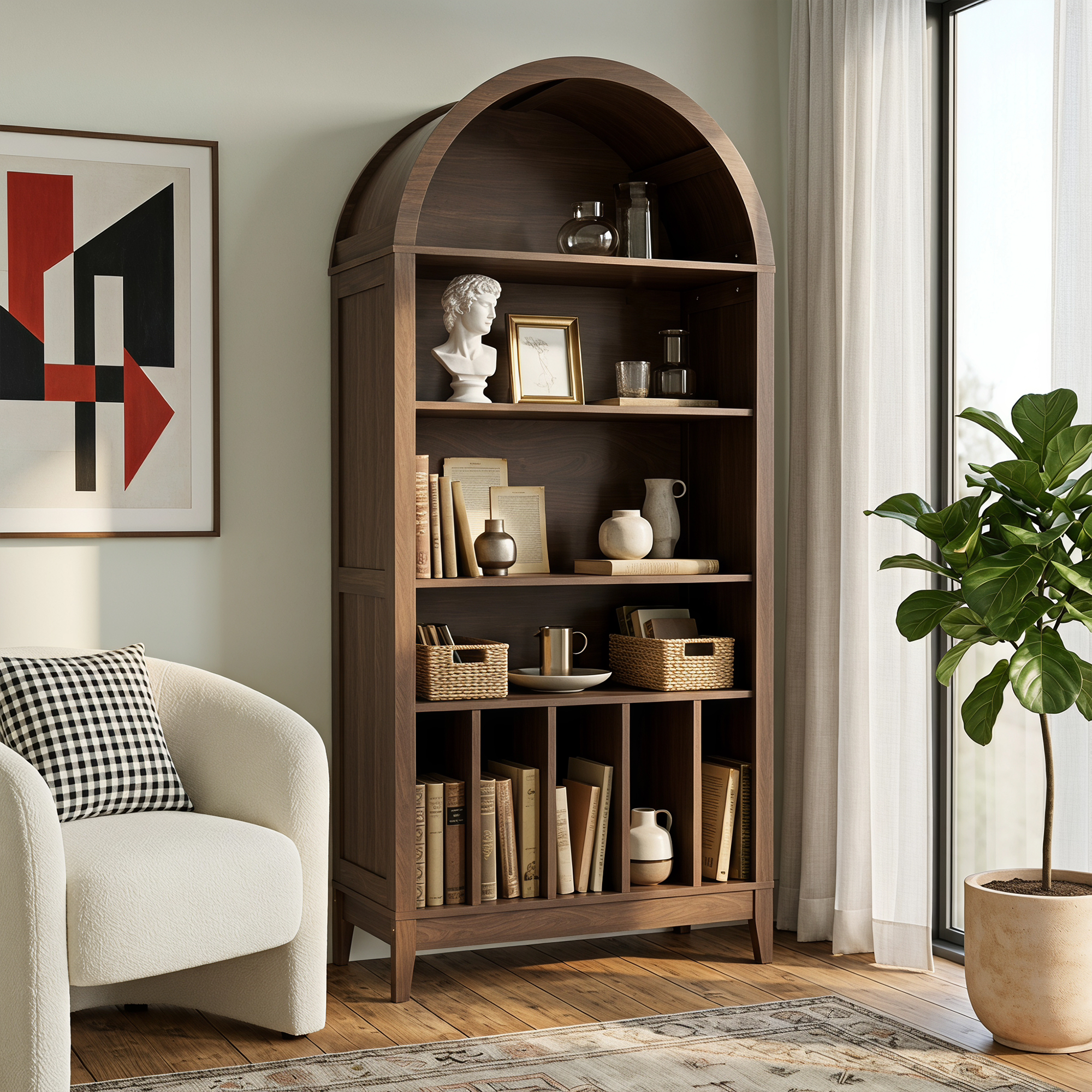 Joywind 69" 5-Tier Wood Arched Bookcase with Power Outlets, Modern Farmhouse Bookshelf for Living Room, Natural