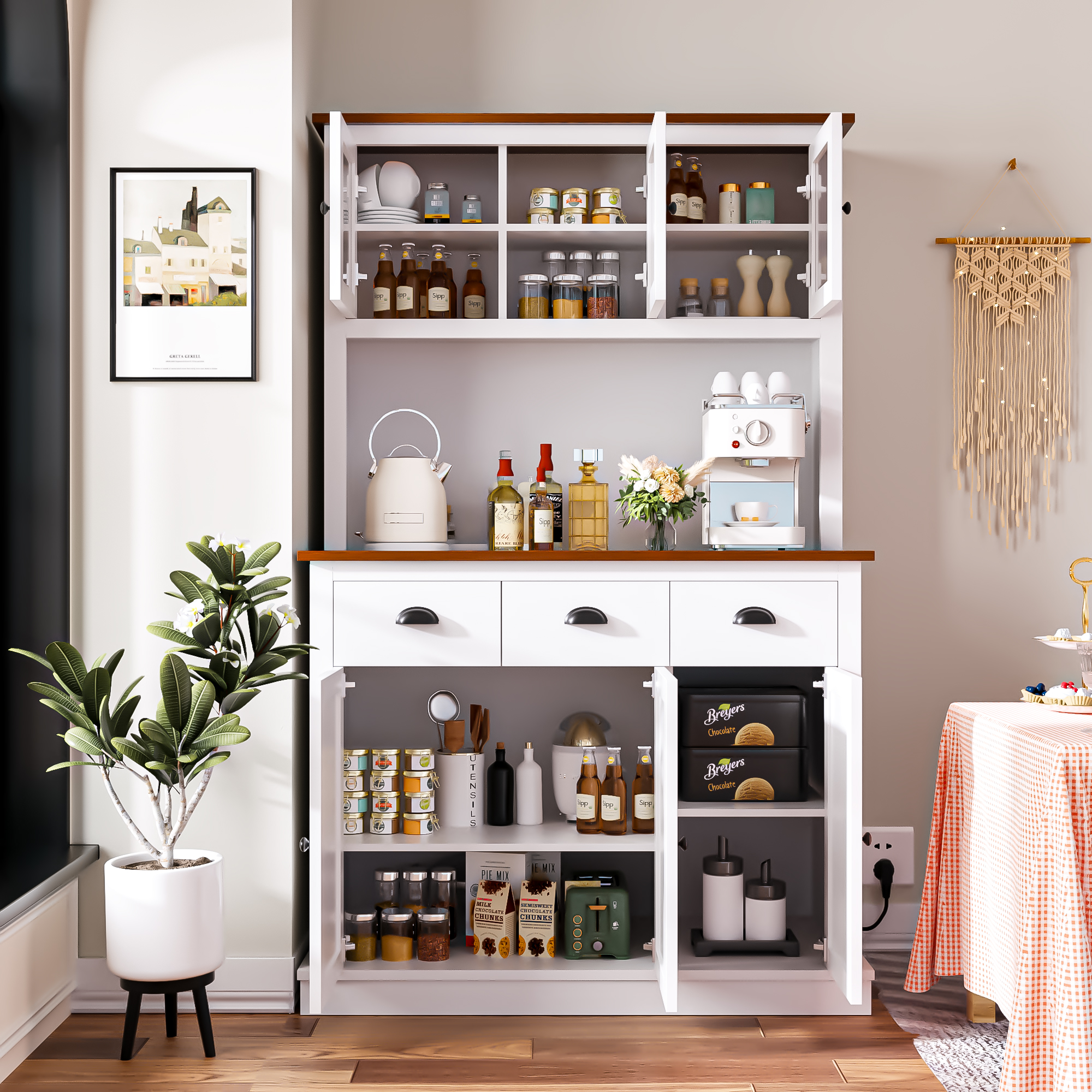 Joywind Freestanding Pantry Cabinet with Countertop, Storage Drawers, and Adjustable Shelves