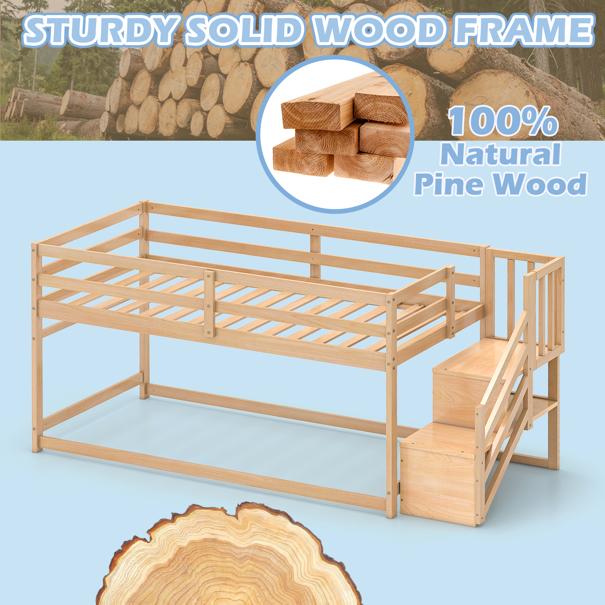 Joywind Solid Wood Low Bunk Bed Twin Over Twin with Storage Staircase, Safety Guardrails & Hanging Bar - Floor Bunk Beds for Kids, Boys, Girls, Juniors