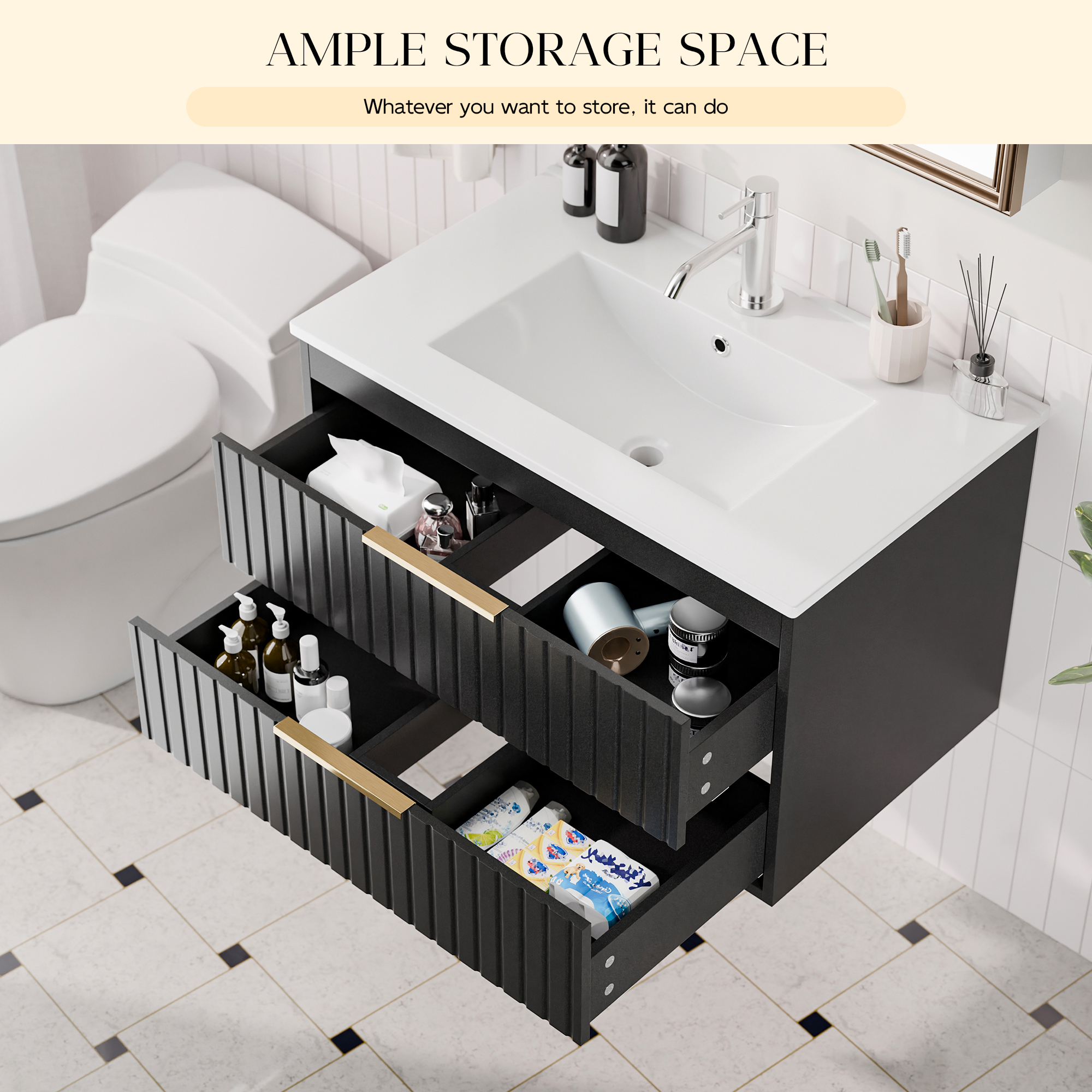 Joywind 30" Black Floating Bathroom Vanity with Sink Combo – Modern Wall-Mounted Vanity with 2 Large Drawers & Metal Handles for Maximum Storage