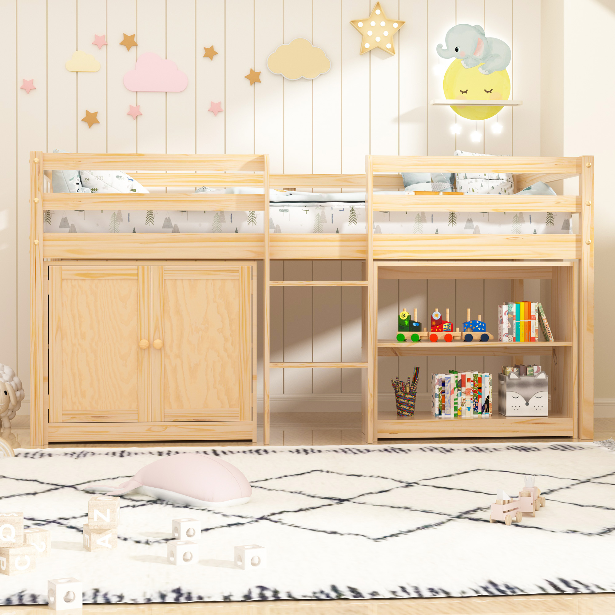 Joywind Twin Loft Bed with LED Lights, Kids Loft Beds with Storage Cabinet and Play Space