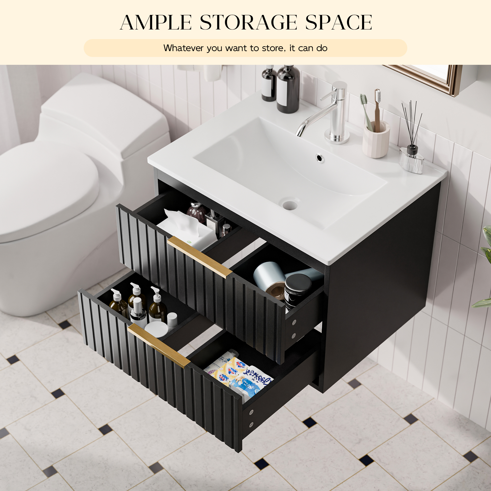 Joywind 24" Black Floating Bathroom Vanity with Sink Combo – Modern Wall-Mounted Vanity with 2 Large Drawers & Metal Handles for Maximum Storage