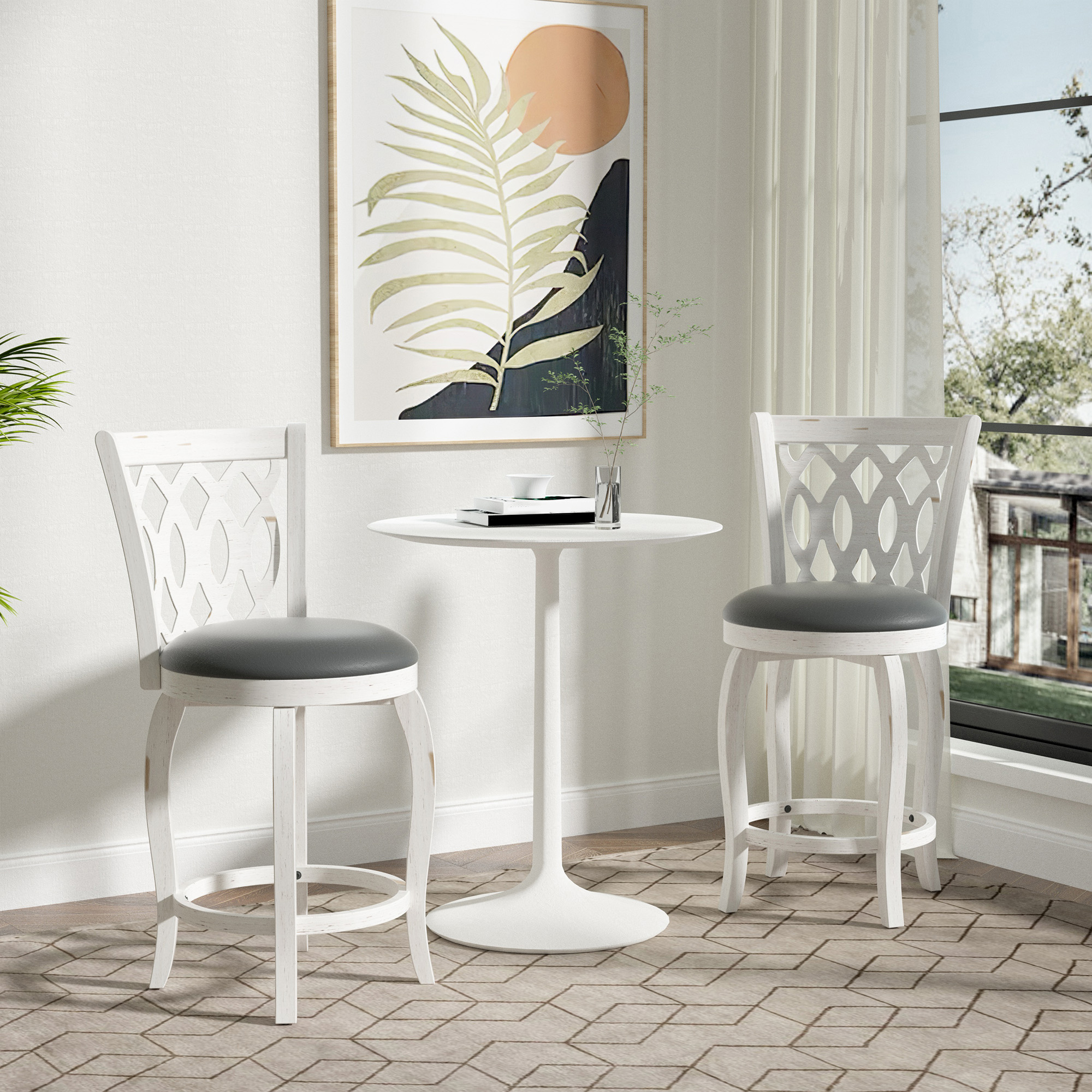 Joywind 24" Counter Height Swivel Bar Stools with High Back, Upholstered Seat & Solid Wood Footrest, Set of 2