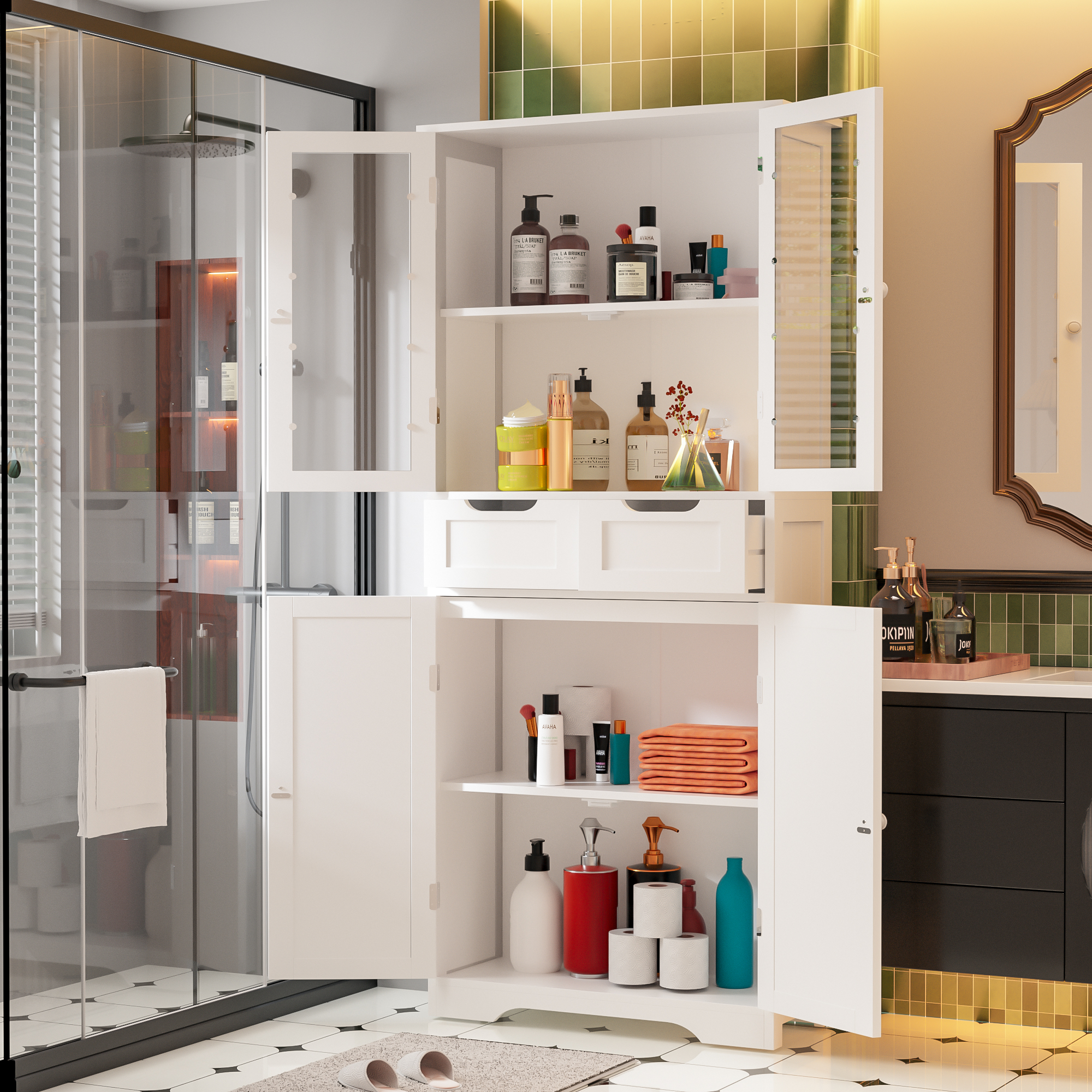 Joywind Freestanding Bathroom Storage Cabinet with Glass Doors - 67" Tall Linen Organizer with 2 Drawers & Adjustable Shelves, for Bathroom, Kitchen, Living Room, Office Storage