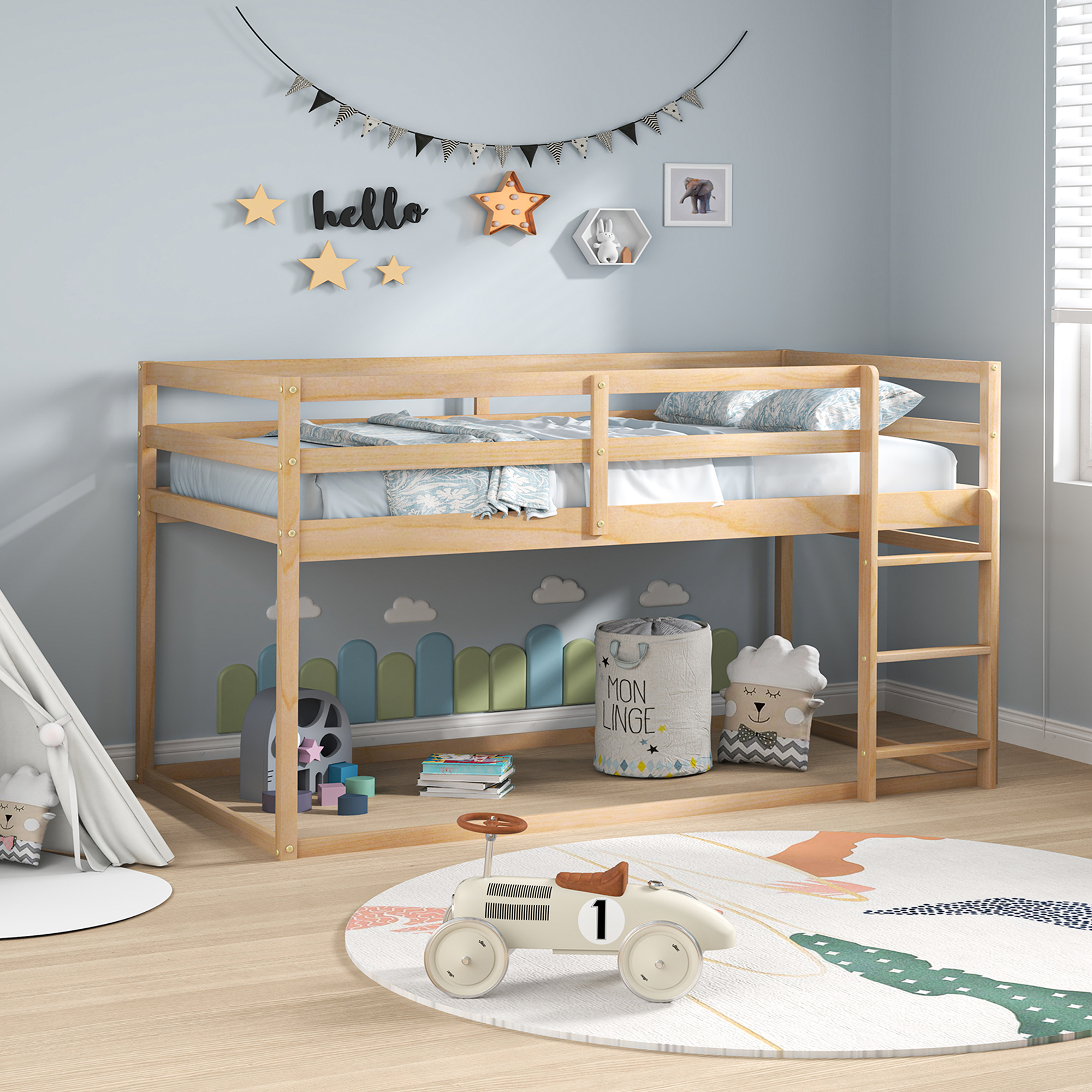 Joywind Wood Twin-over-Twin Bunk Beds with Ladder and Full Guardrails
