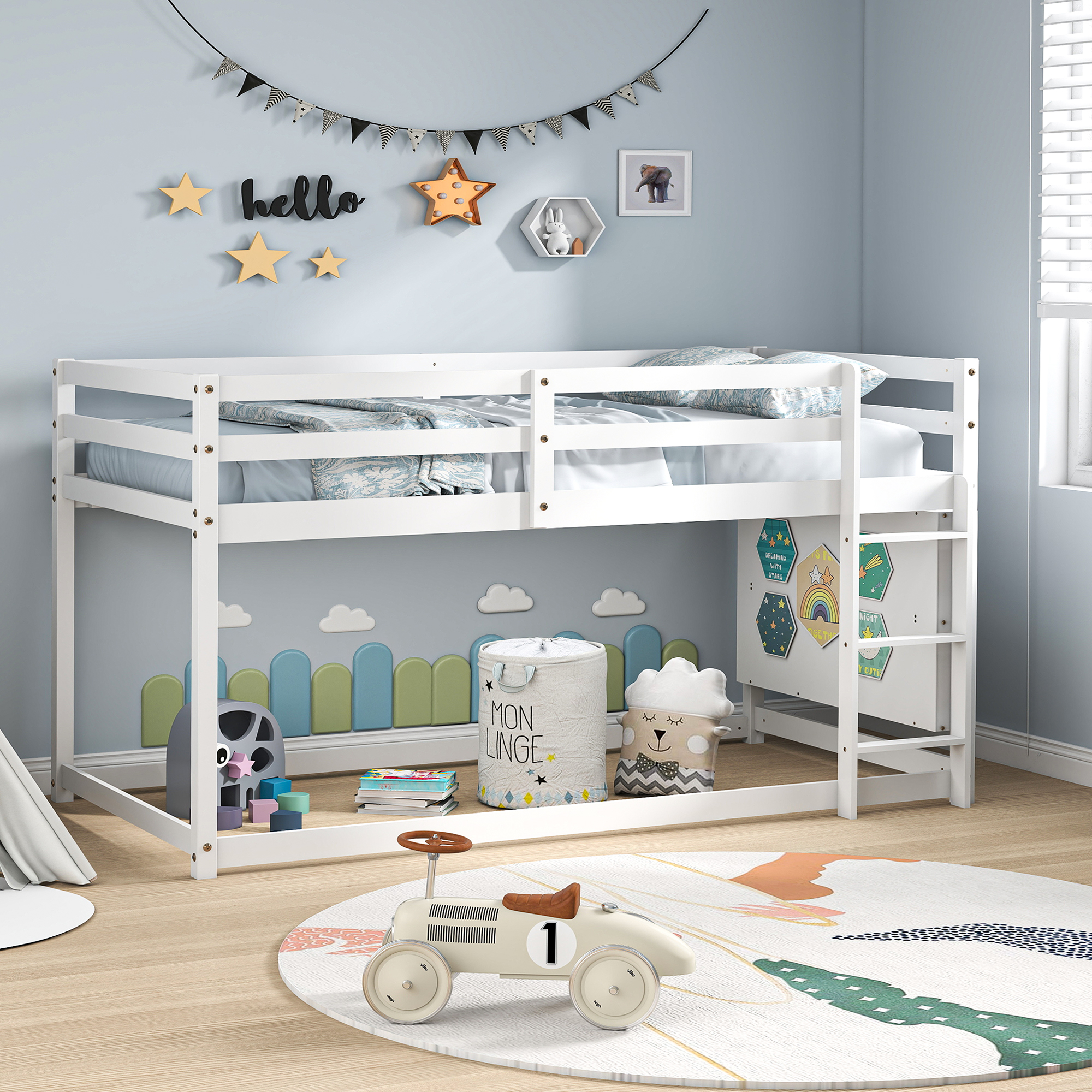 Joywind Wood Twin-over-Twin Standard Bunk Beds with Bookcase and Guardrails White