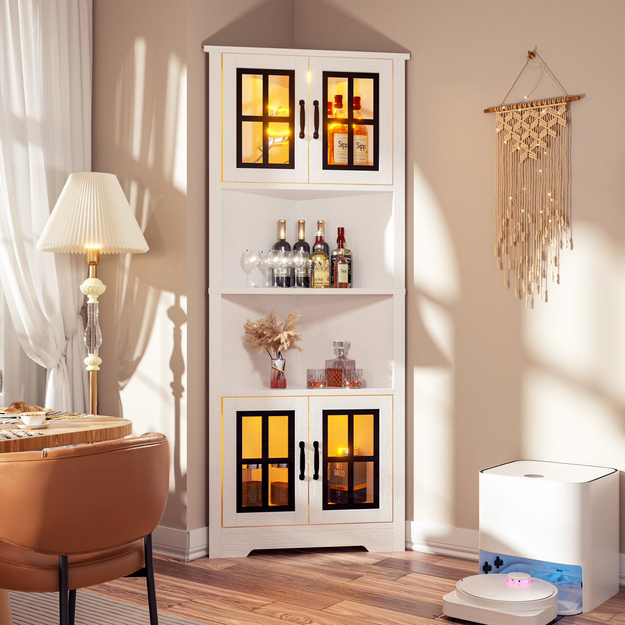 Joywind 67" White Corner Cabinet with LED Lights, Modern Tall Storage Hutch with Glass Doors & Shelves