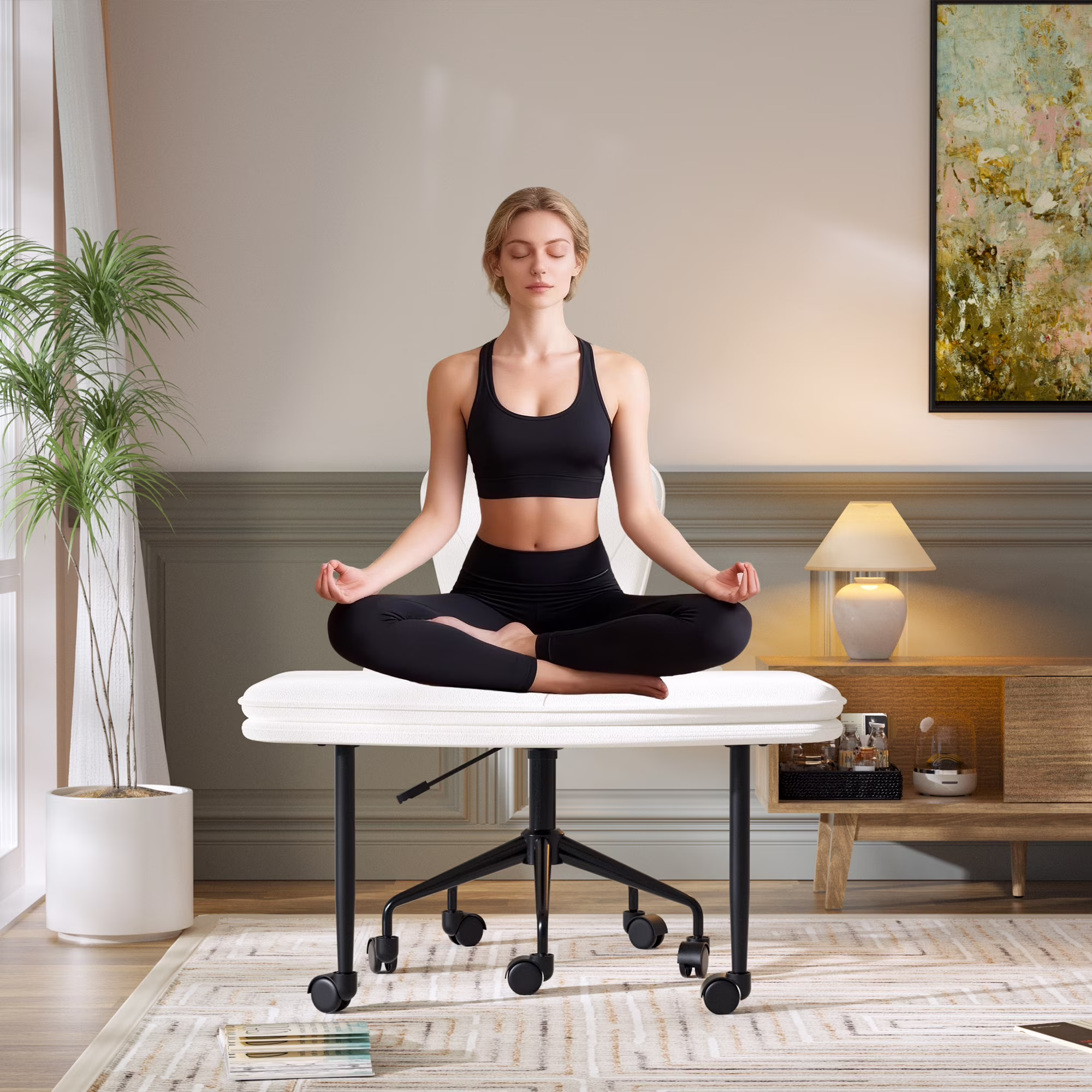 Joywind Ergonomic Cross Legged Swivel Chair, Height Adjustable ADHD & Meditation Chair with Wheels, Wide Kneeling Chair with Back Support & Footrest, Home and Office, White