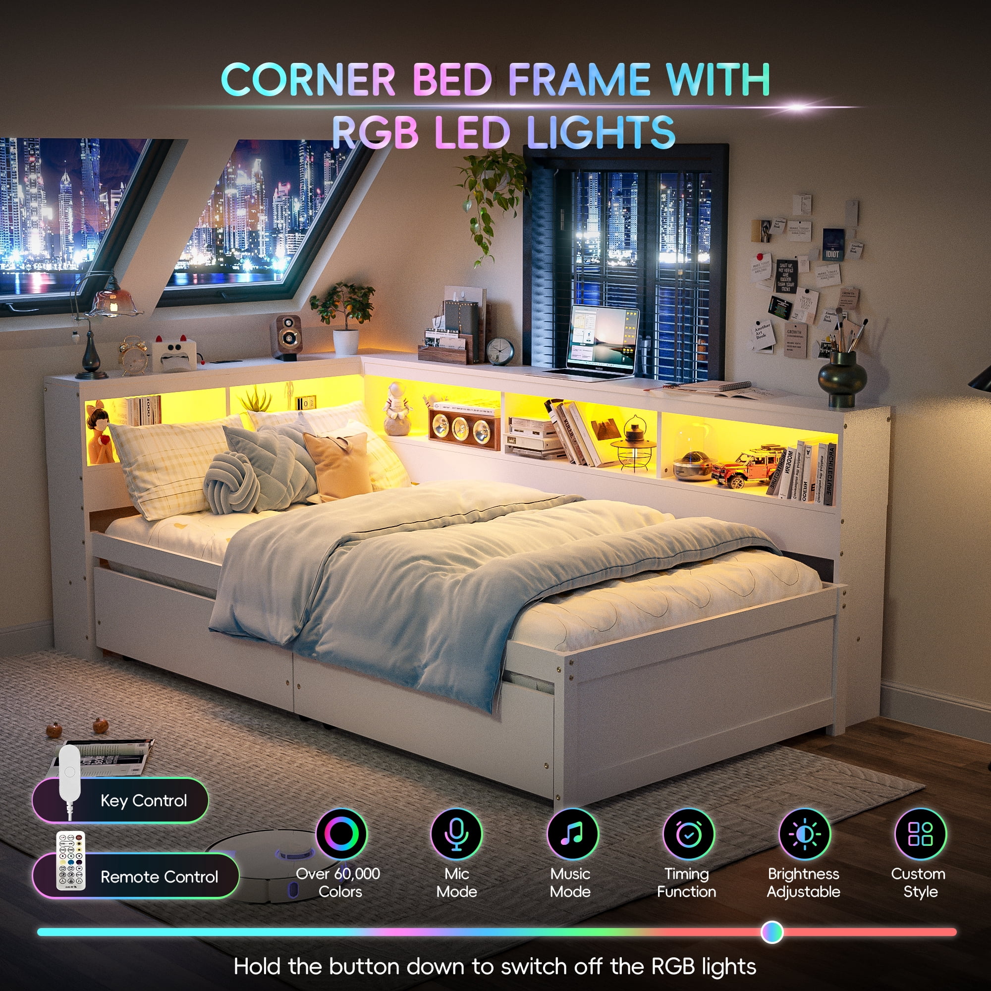 Joywind Twin Corner Bed Frame with Storage Drawers, Bookcase Headboard, Charging Station & LED Lights,White