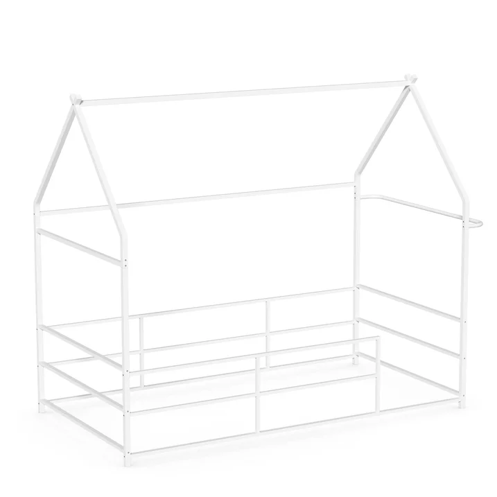 Joywind Metal Twin Floor House Bed with Headboard, Footboard & Guardrails - Montessori Style Bed Frame with Hanging Bar for Boys, Girls