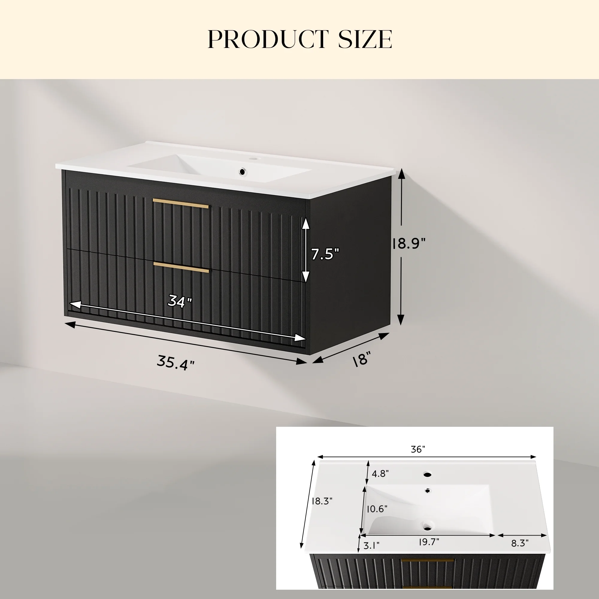 36-inch Floating Bathroom Vanity with Sink Combo, Complete Set with 4 Big Drawers and Modern Metal Handles for Ample Storage