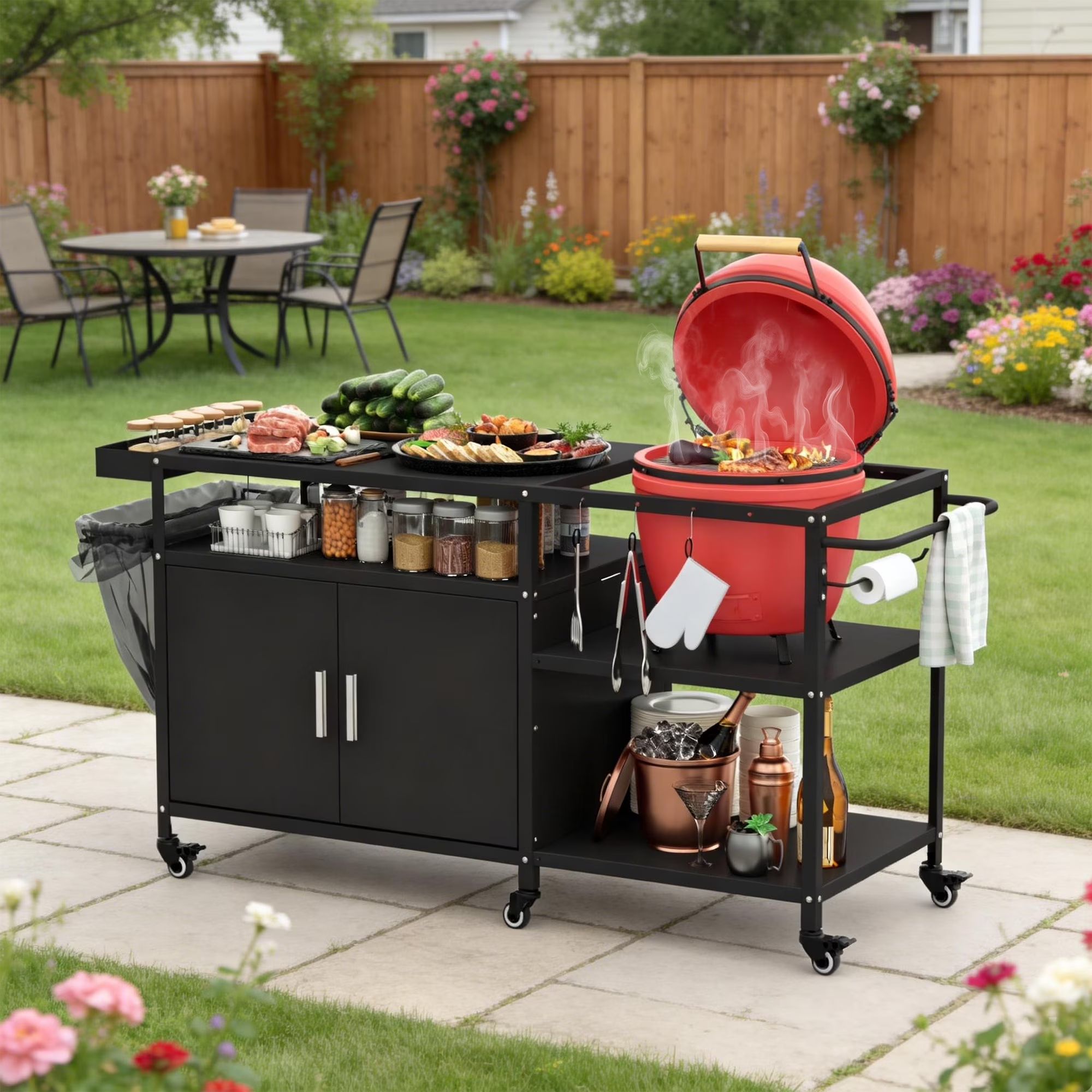Joywind Grill Table for Big Green Egg Stand, Heavy Duty Metal Grill Station,Black