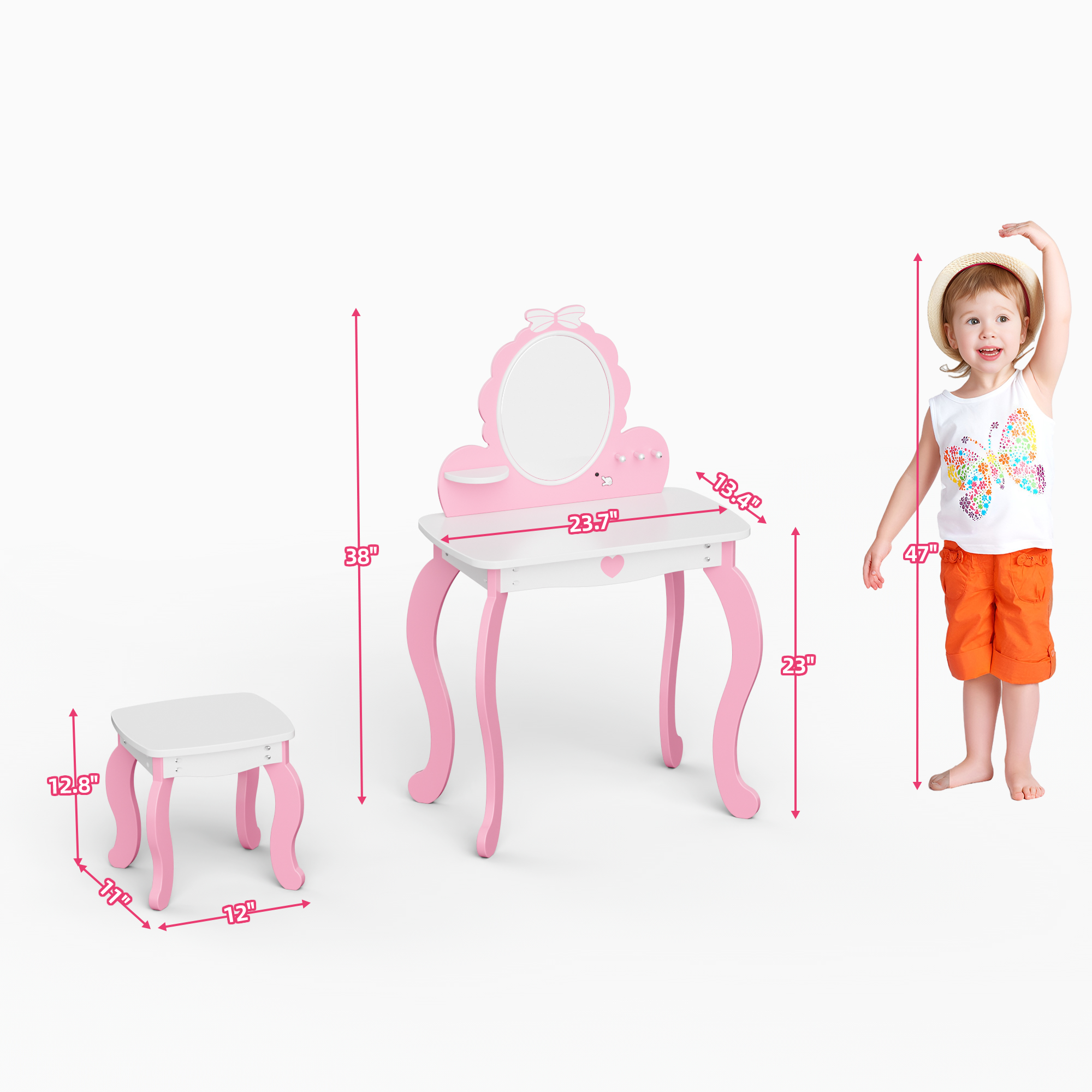 Kids Vanity Set with Lighted Mirror & Stool, White Bow Design - Princess Makeup Dressing Table with Storage, Chair Included - Toddler Girls Play Beauty Desk