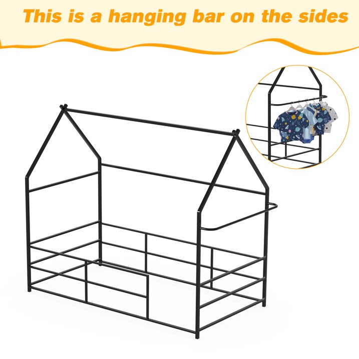 Joywind Metal Twin Floor House Bed with Headboard, Footboard & Guardrails - Montessori Style Bed Frame with Hanging Bar for Boys, Girls