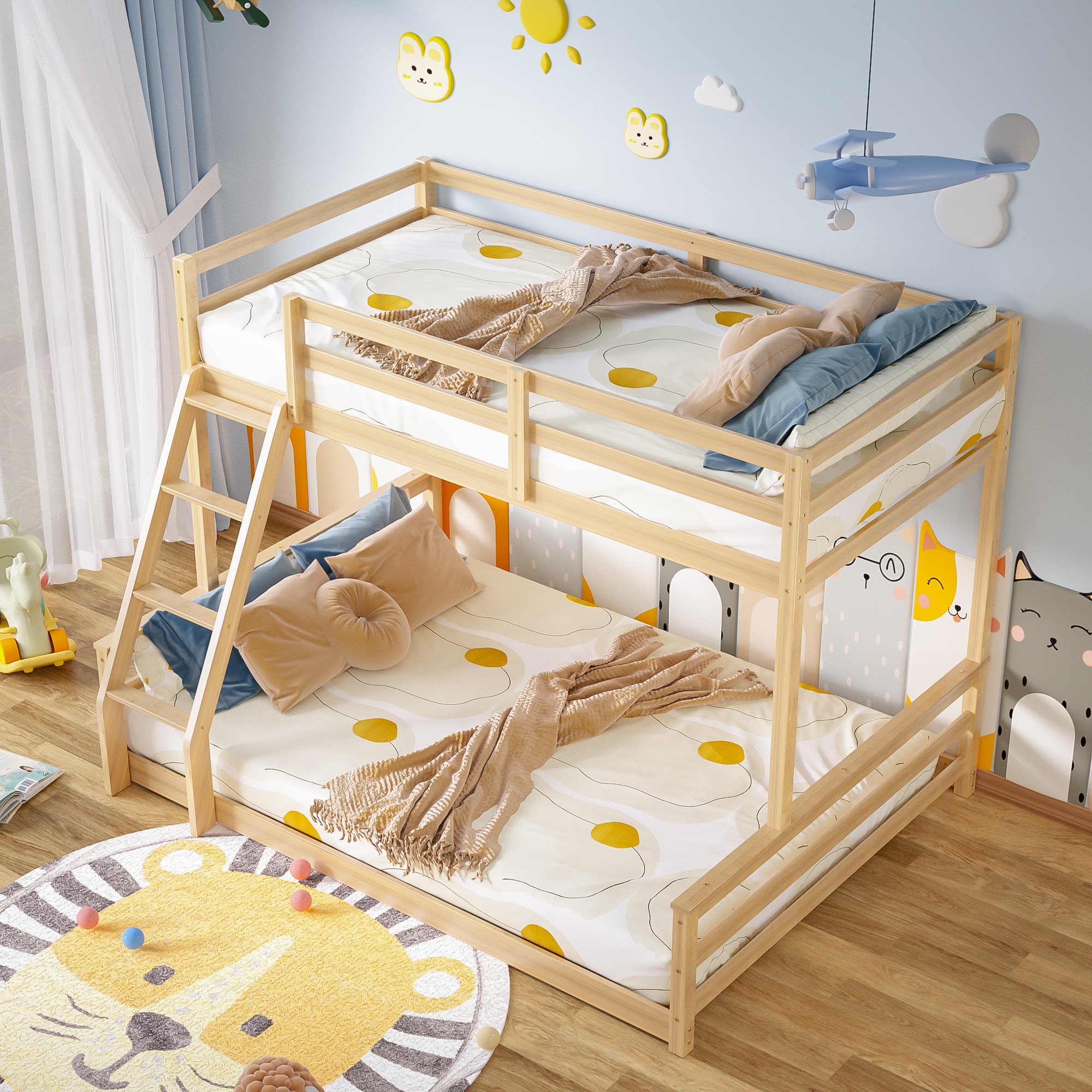 Joywind Solid Wood Twin Over Full Bunk Bed with Ladder & Full Guardrails for Boys, Girls, Kids, Bedroom