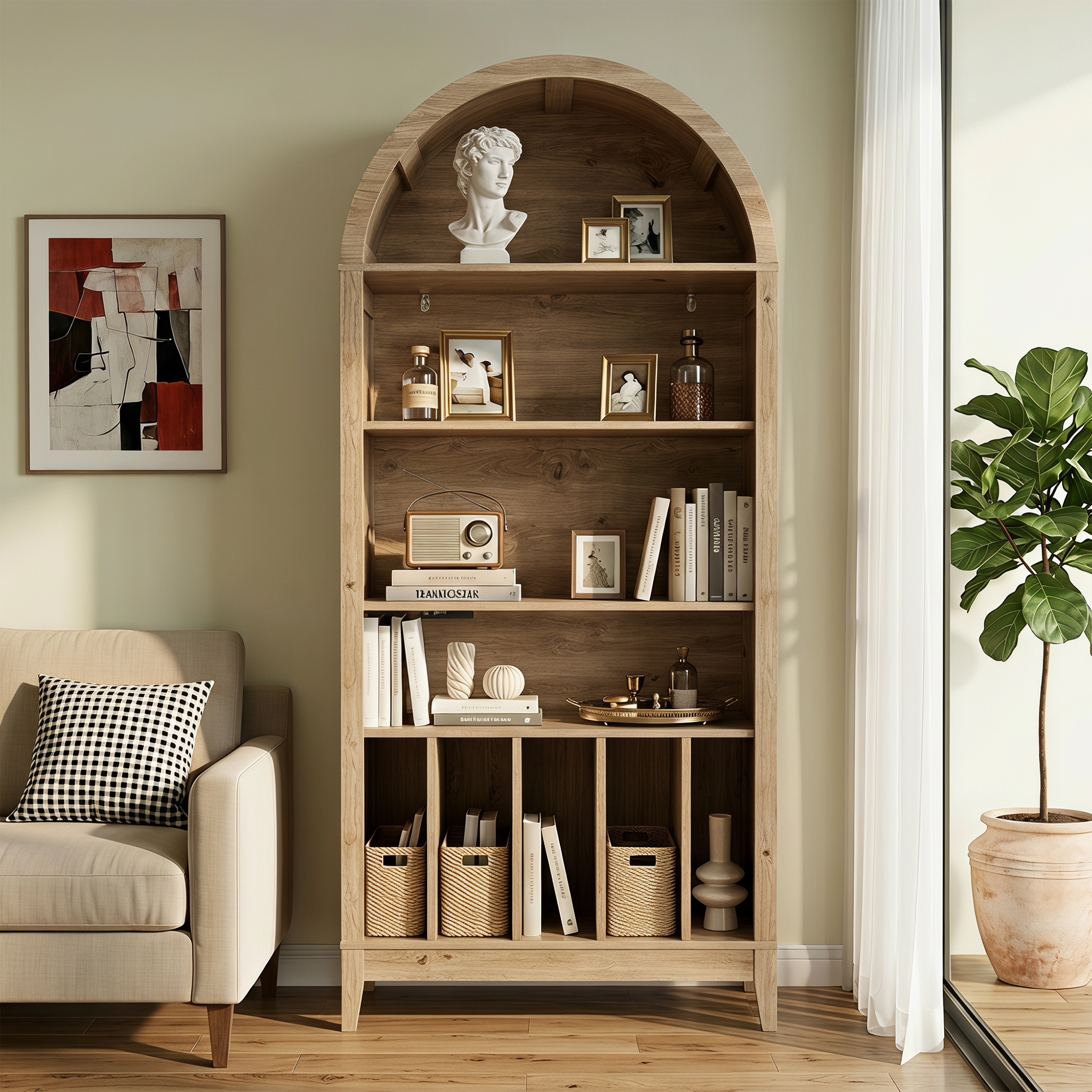 Joywind 69" 5-Tier Wood Arched Bookcase with Power Outlets, Modern Farmhouse Bookshelf for Living Room, Natural