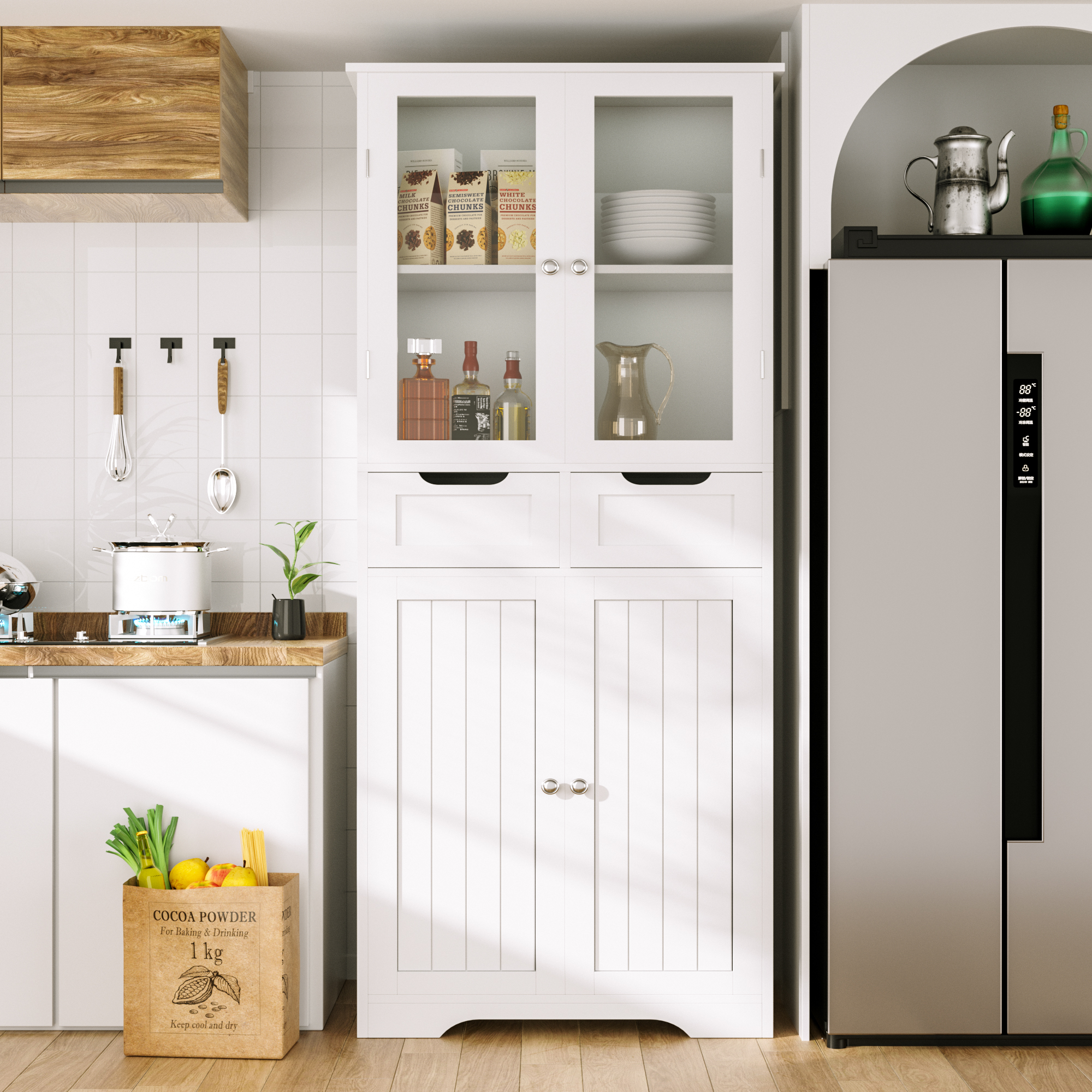 Joywind Freestanding Bathroom Storage Cabinet with Glass Doors - 67" Tall Linen Organizer with 2 Drawers & Adjustable Shelves, for Bathroom, Kitchen, Living Room, Office Storage