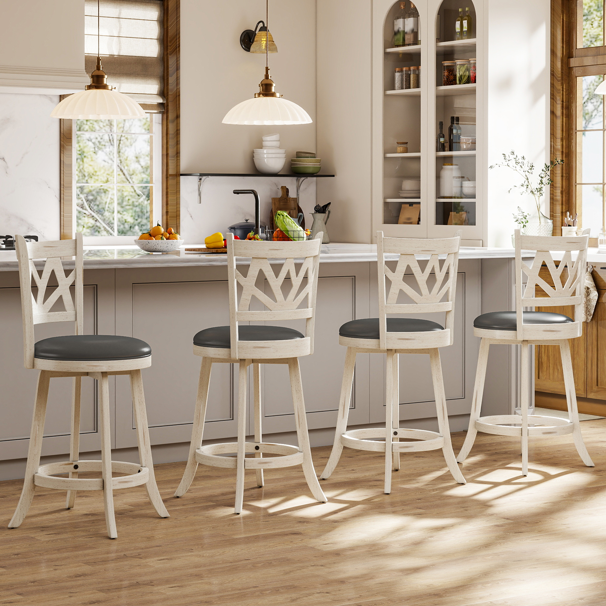 Joywind Farmhouse Swivel Bar Stools Set of 2, 24" Carved Lotus Barstools, Faux Leather Upholstered Counter Chairs with Solid Footrest & Wood Legs