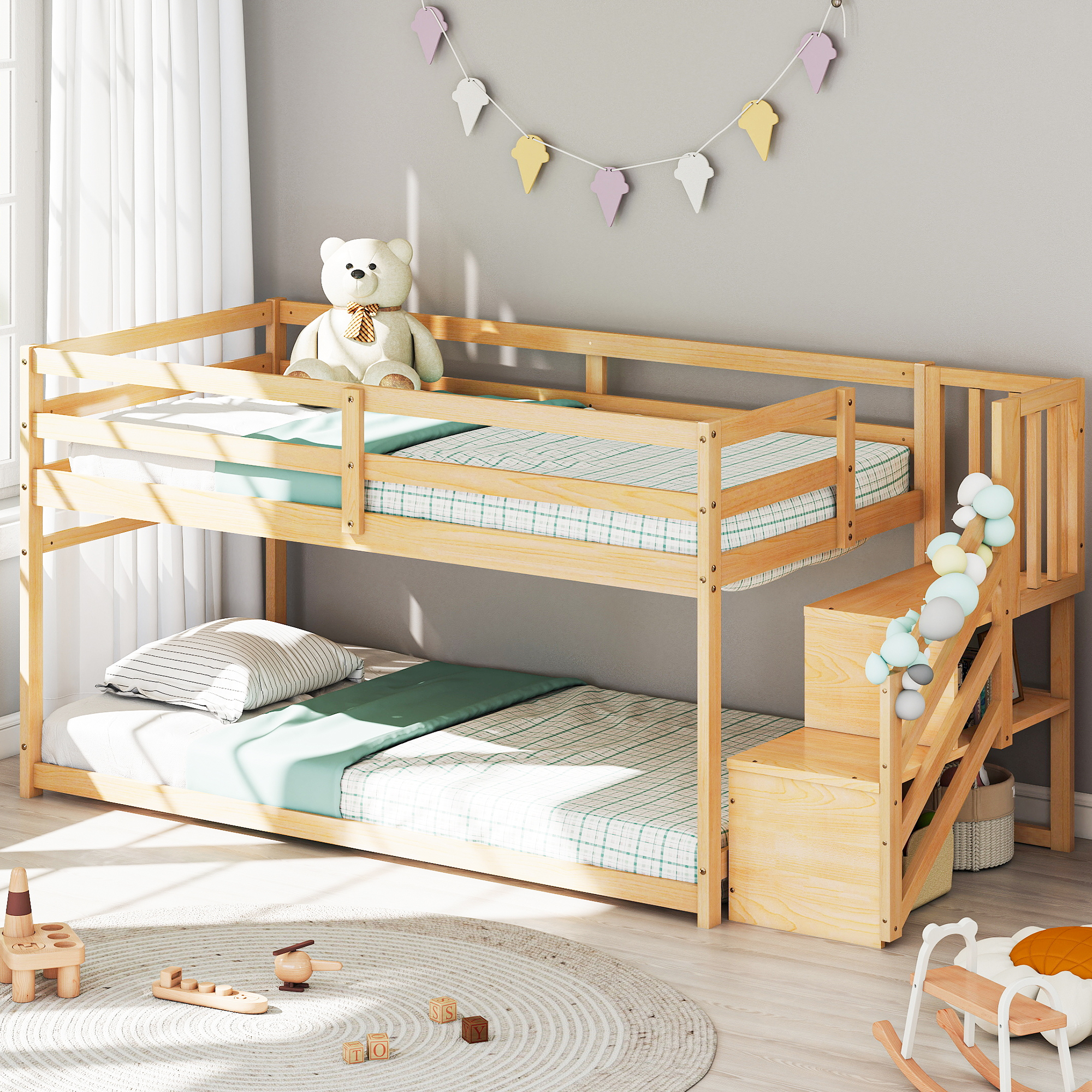 Joywind Solid Wood Low Bunk Bed Twin Over Twin with Storage Staircase, Safety Guardrails & Hanging Bar - Floor Bunk Beds for Kids, Boys, Girls, Juniors
