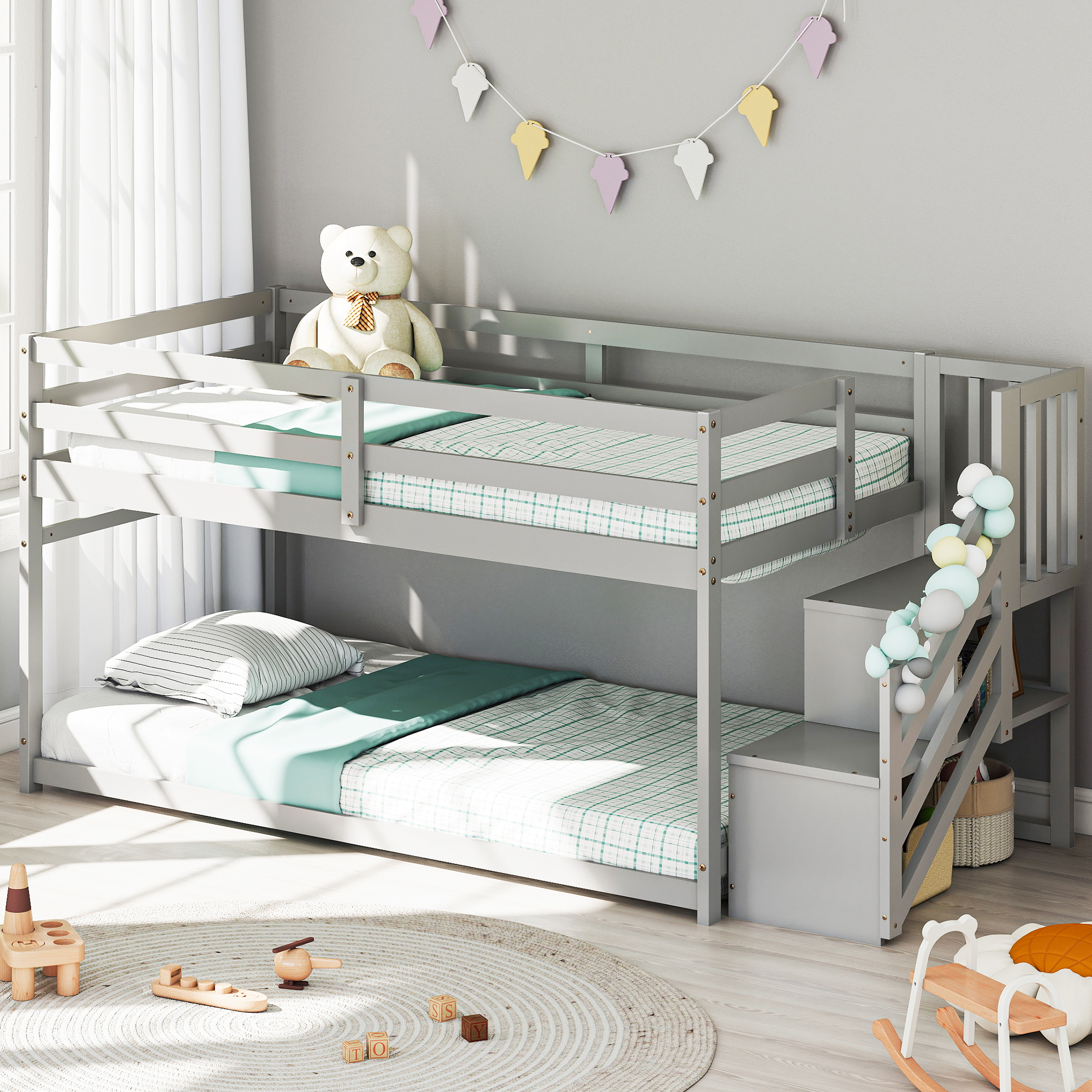 Joywind Solid Wood Low Bunk Bed Twin Over Twin with Storage Staircase, Safety Guardrails & Hanging Bar - Floor Bunk Beds for Kids, Boys, Girls, Juniors