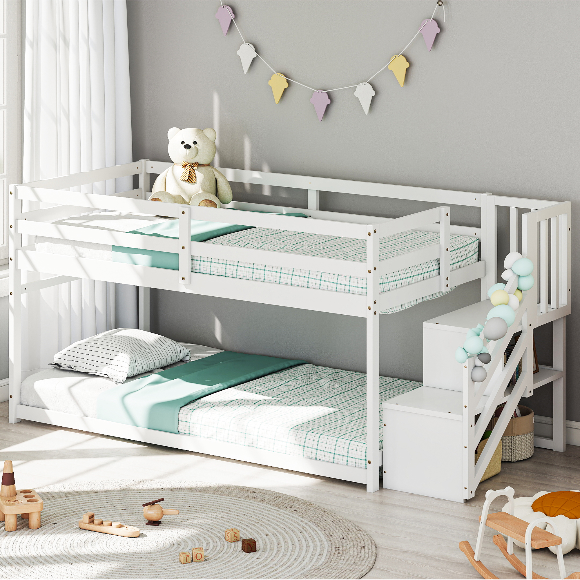 Joywind Solid Wood Low Bunk Bed Twin Over Twin with Storage Staircase, Safety Guardrails & Hanging Bar - Floor Bunk Beds for Kids, Boys, Girls, Juniors
