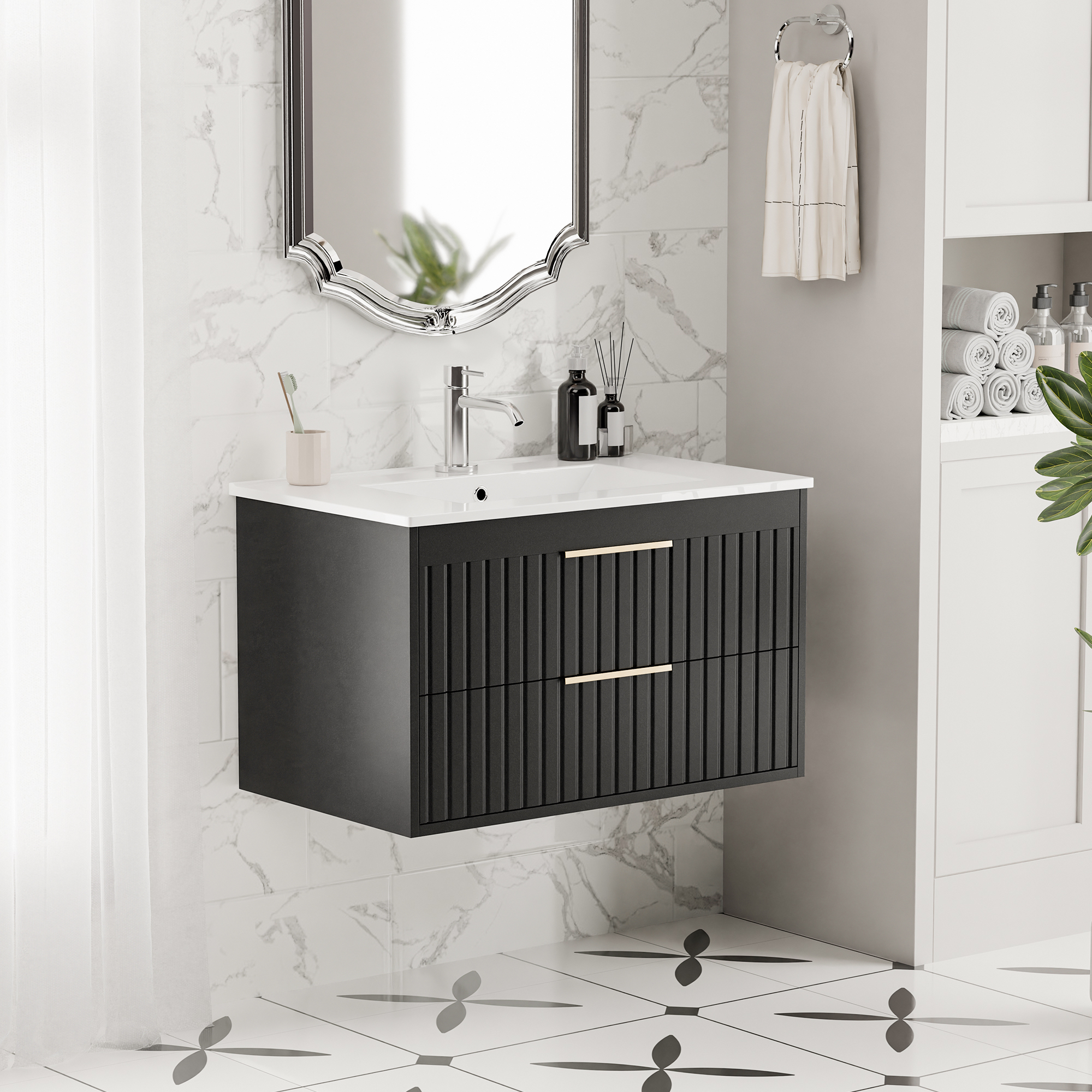 Joywind 30" Black Floating Bathroom Vanity with Sink Combo – Modern Wall-Mounted Vanity with 2 Large Drawers & Metal Handles for Maximum Storage