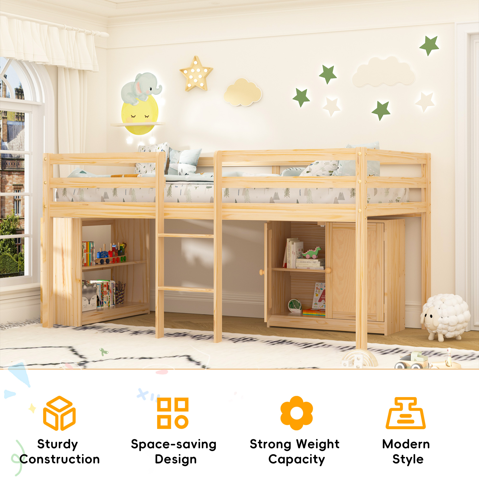 Joywind Twin Loft Bed with LED Lights, Kids Loft Beds with Storage Cabinet and Play Space