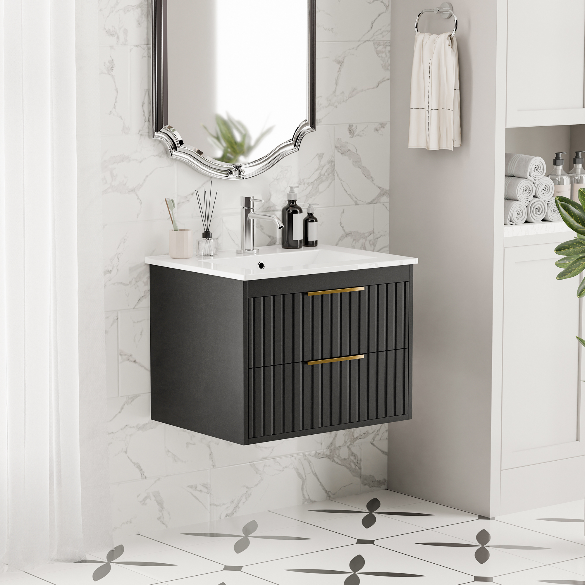 Joywind 24" Black Floating Bathroom Vanity with Sink Combo – Modern Wall-Mounted Vanity with 2 Large Drawers & Metal Handles for Maximum Storage