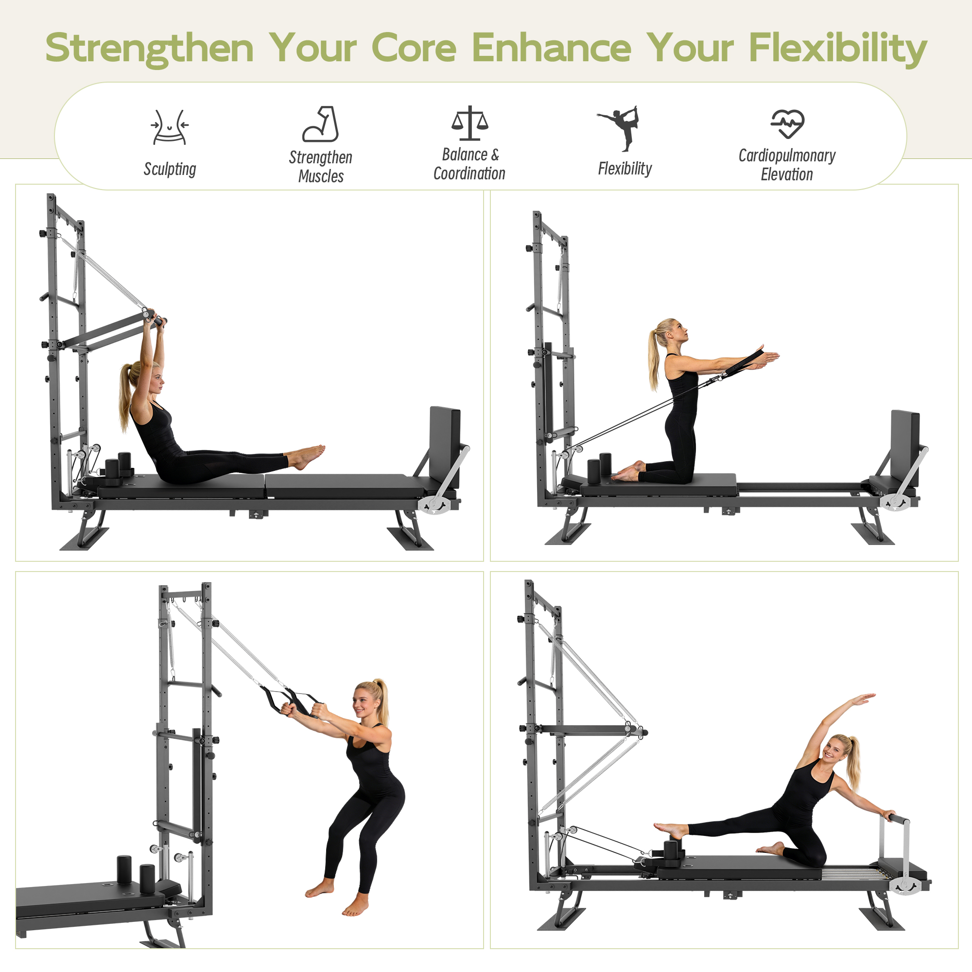 Joywind Foldable Pilates Reformer Machine for Home & Gym Use - Adjustable Dual Resistance for All Levels, Beginners to Advanced