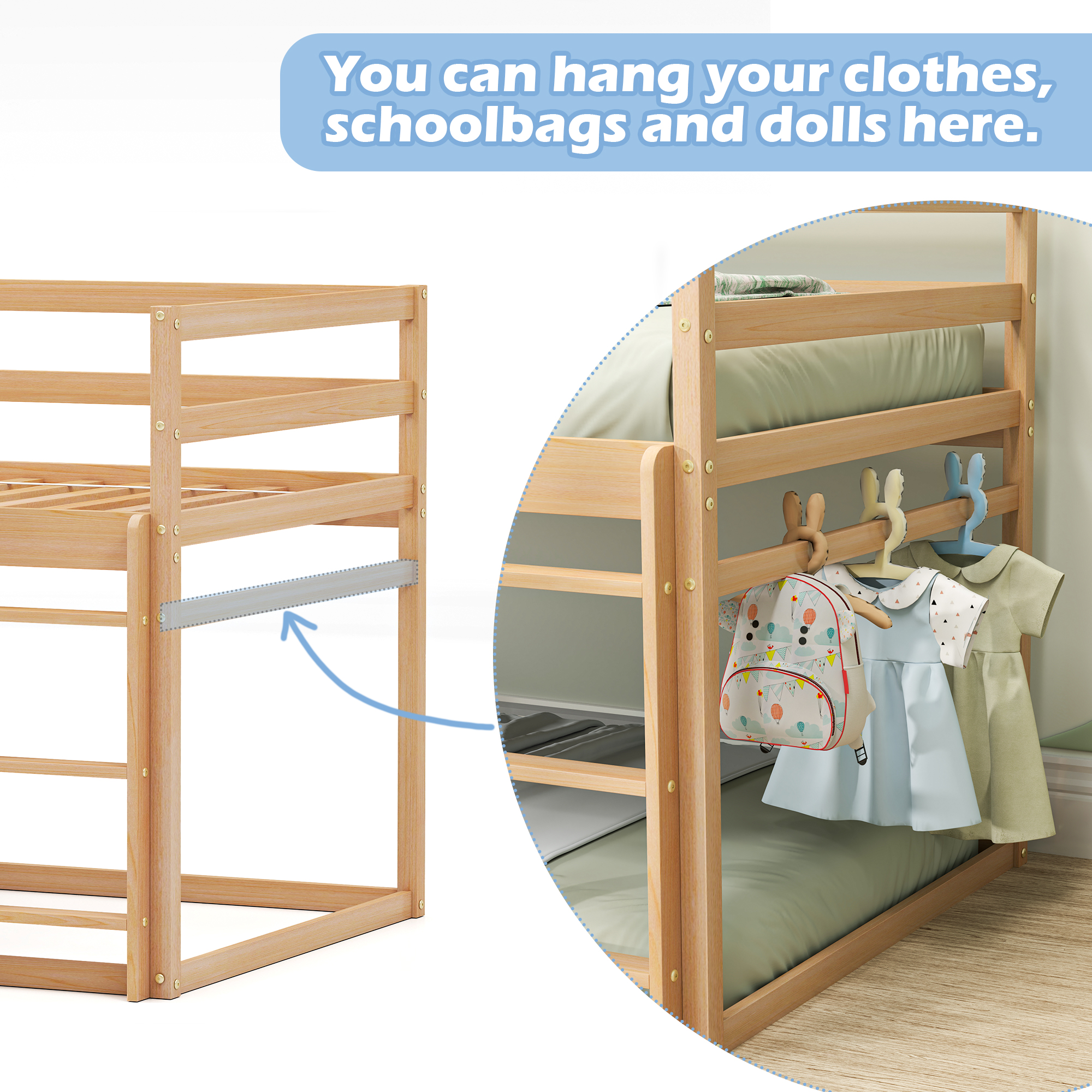 Joywind Wood Twin-over-Twin Bunk Beds with Ladder and Full Guardrails